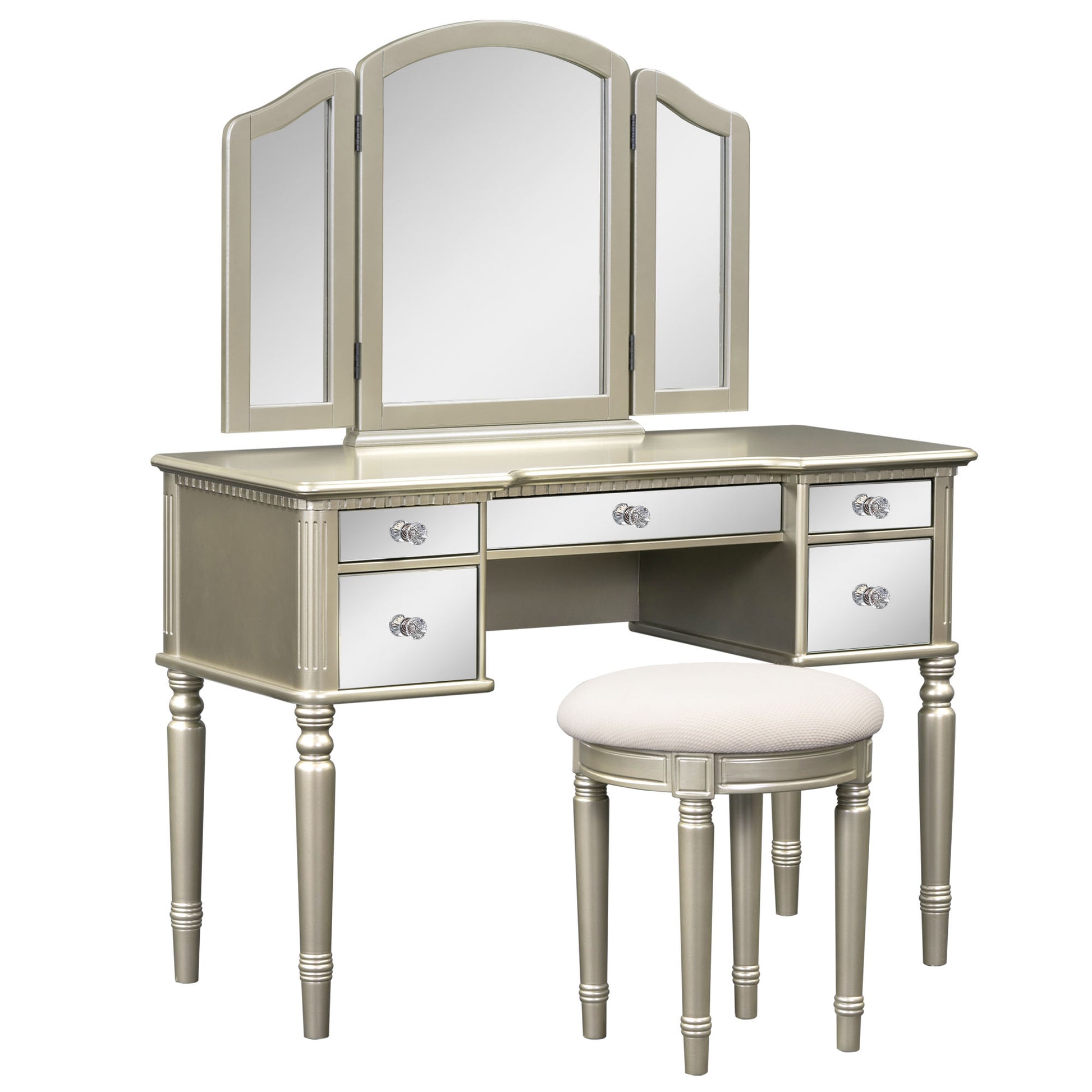 43" Dressing Table Set With Mirrored Drawers And Stool, Tri Fold Mirror, Makeup Vanity Set For Bedroom, Ld Gold Solid Wood Mdf