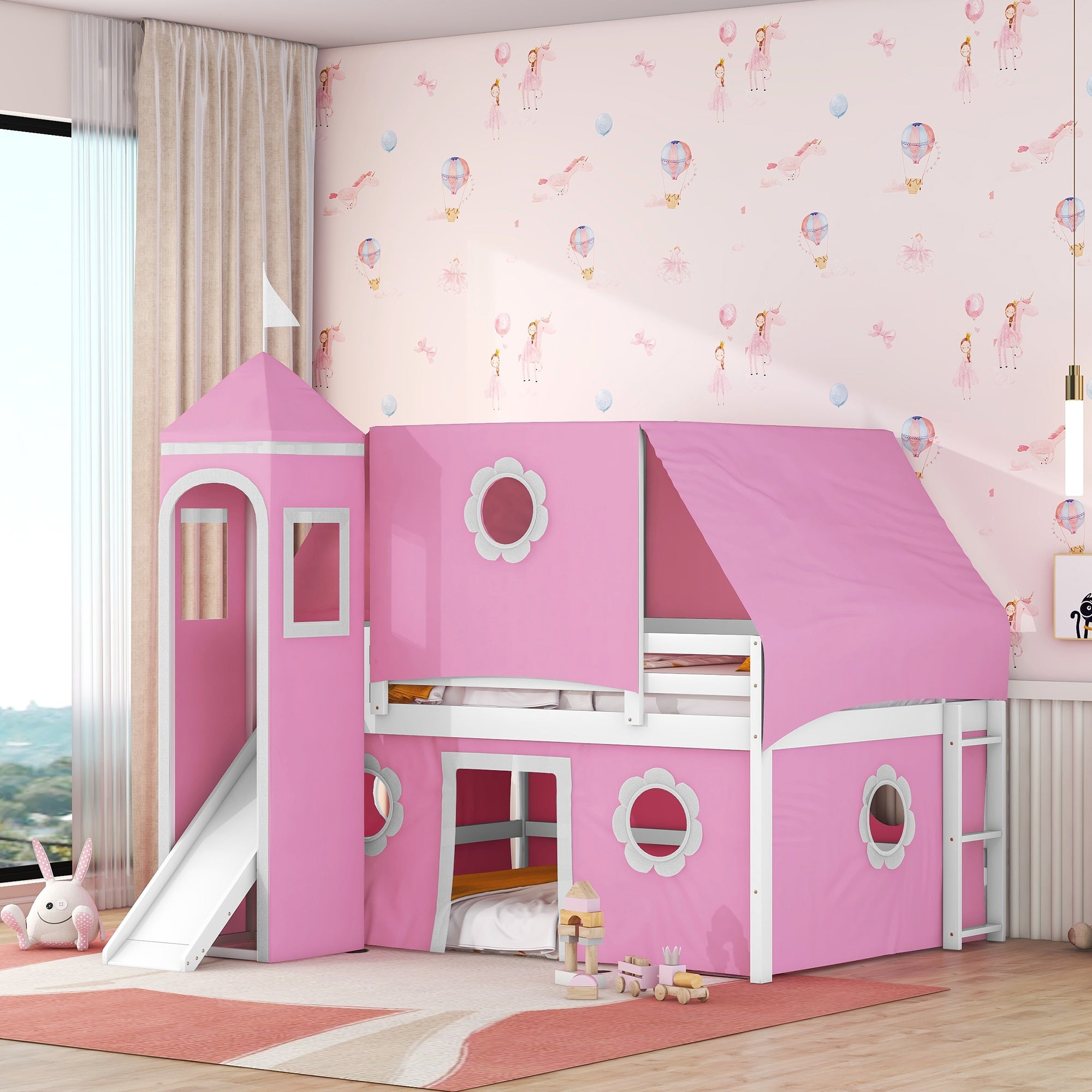 Full Size Loft Bed With Slide Pink Tent And Tower Pink Full Pink Solid Wood Mdf