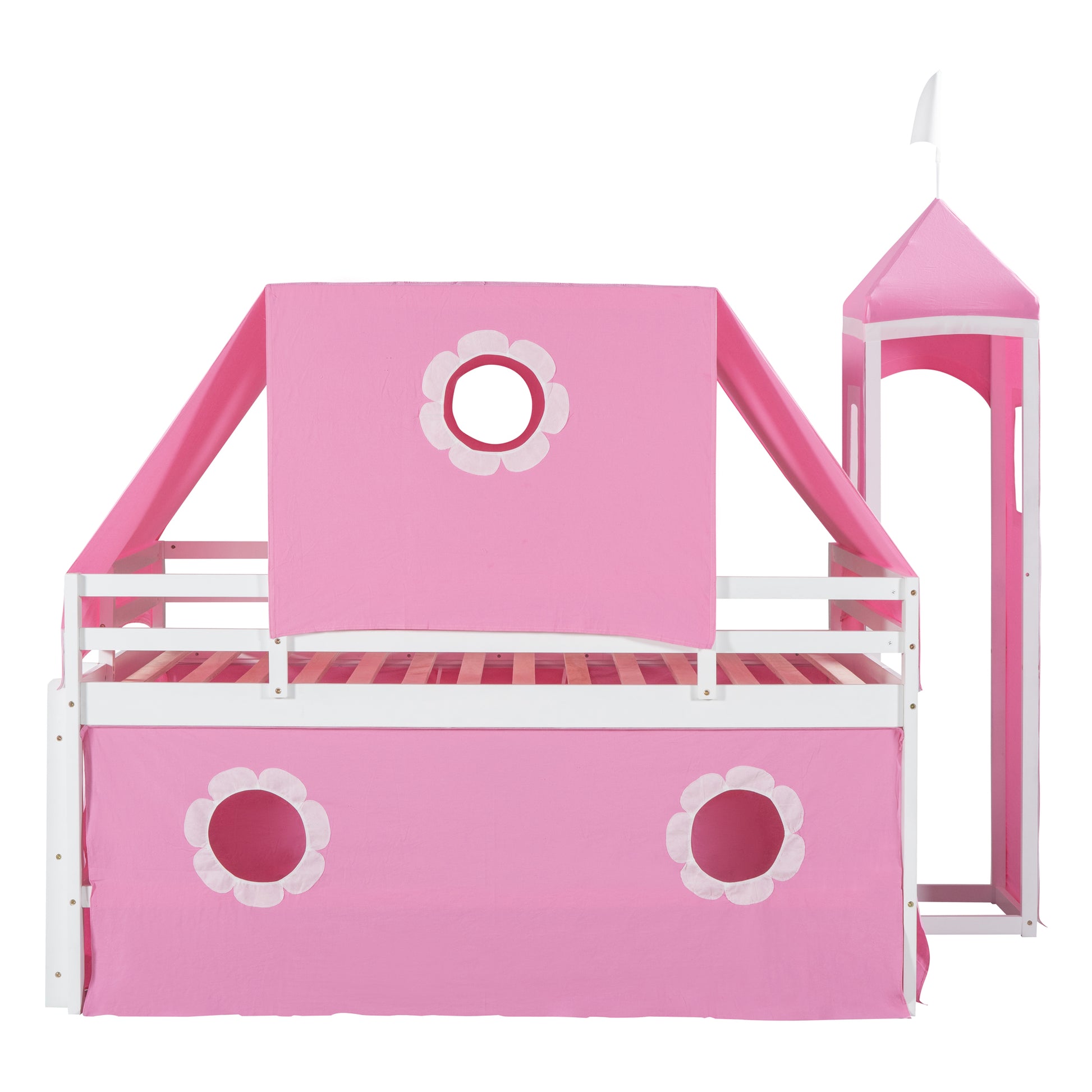 Full Size Loft Bed With Slide Pink Tent And Tower Pink Full Pink Solid Wood Mdf