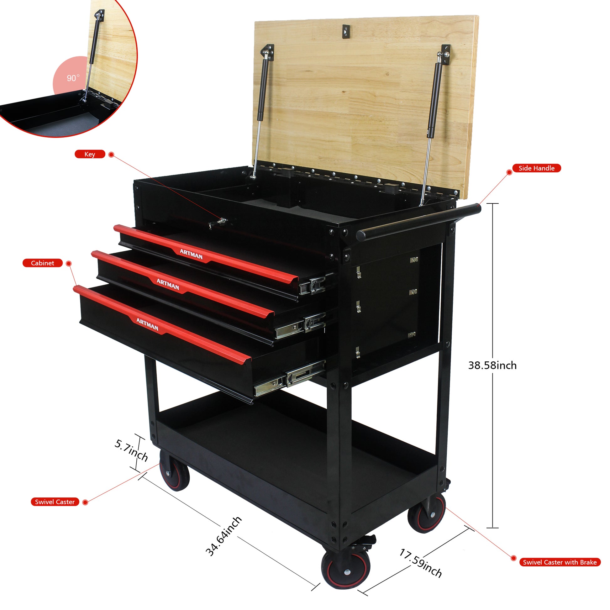 3 Drawers Multifunctional Tool Cart With Wheels And Wooden Top Black Red Metal