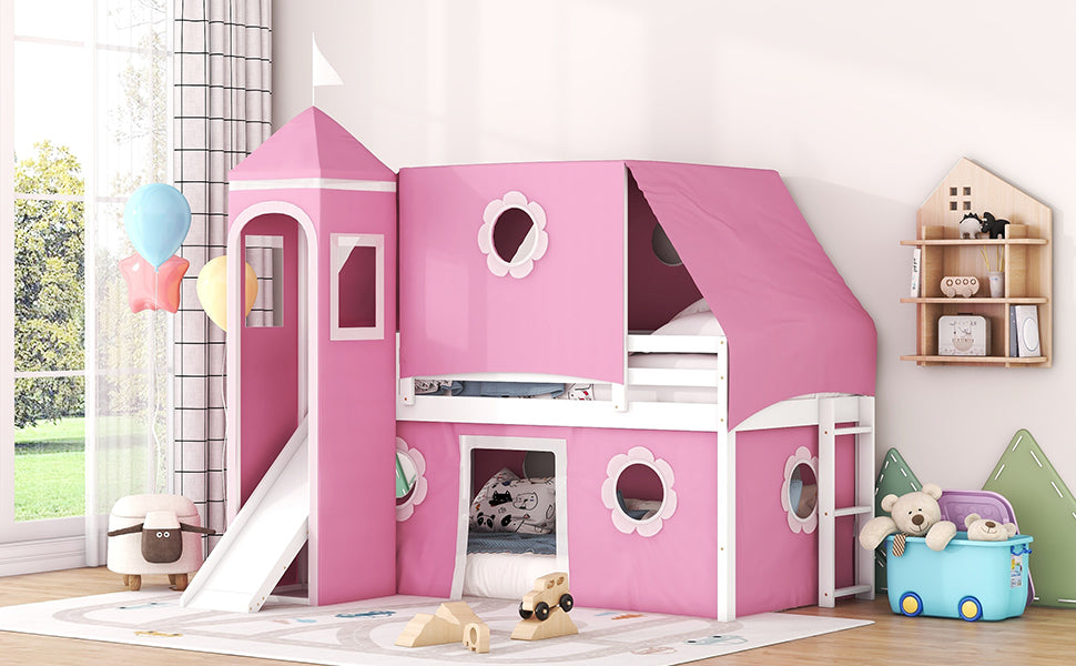 Twin Size Loft Bed With Slide Pink Tent And Tower Pink Twin Pink Solid Wood Mdf