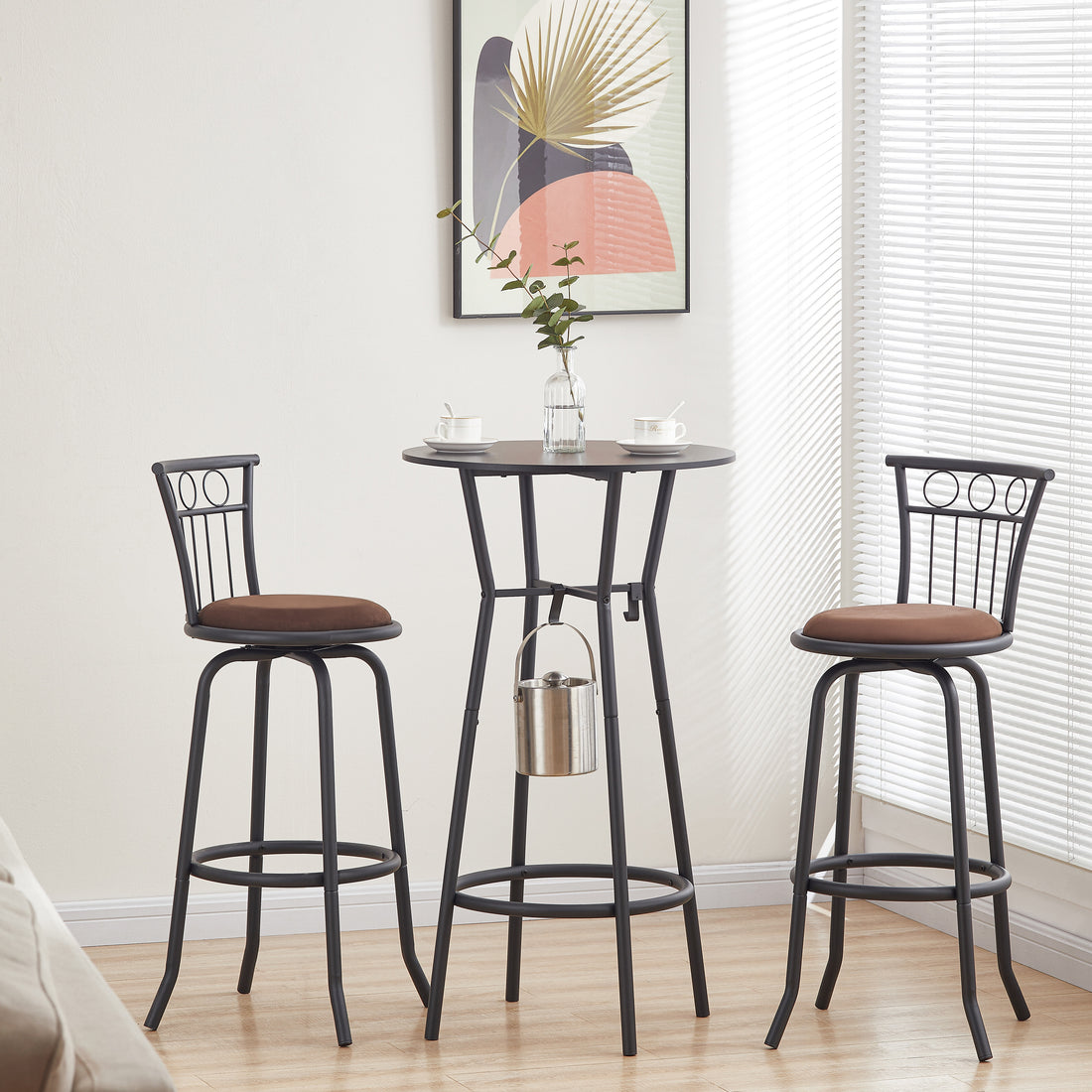 3 Bar Table And Chairs Set For Dining Room Industrial Counter Height Bar Chairs With Metal Back, Fabric Seat Antique Brown Dining Room American Design,American Traditional,Antique Metal