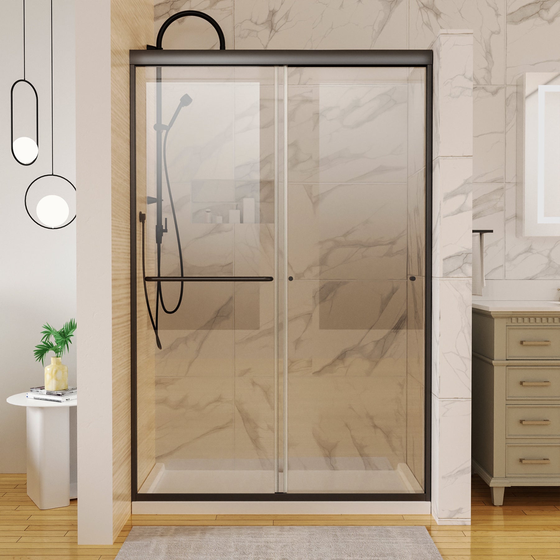 44In. 48 In. X 72 In. Traditional Sliding Shower Door In Matte Black With Clear Glass Matte Black Aluminum