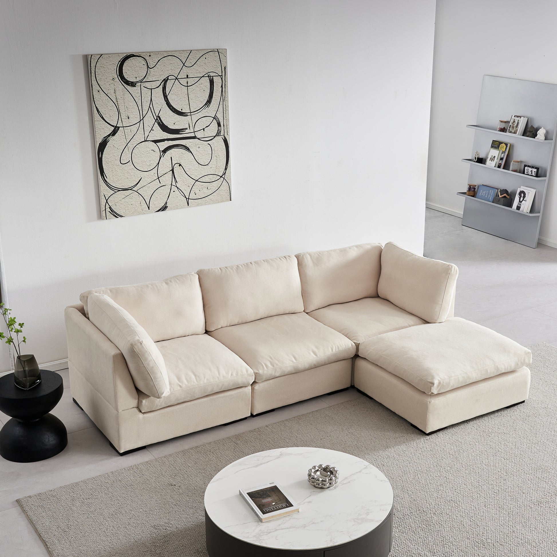 L Shape Modular Soft Fabric Sofa Filled With Down Beige Beige Down Filling Fabric