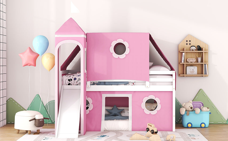 Twin Size Loft Bed With Slide Pink Tent And Tower Pink Twin Pink Solid Wood Mdf