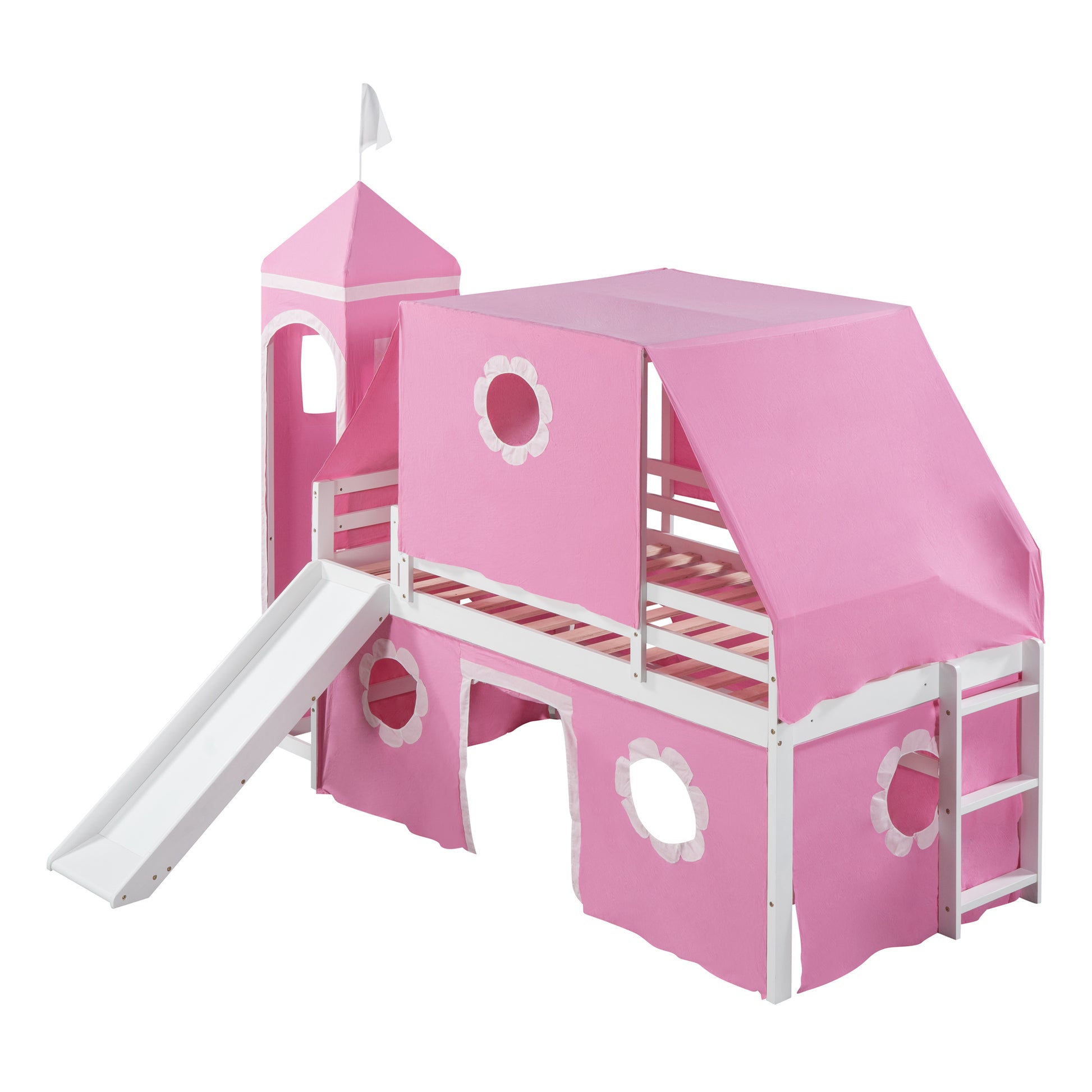 Twin Size Loft Bed With Slide Pink Tent And Tower Pink Twin Pink Solid Wood Mdf