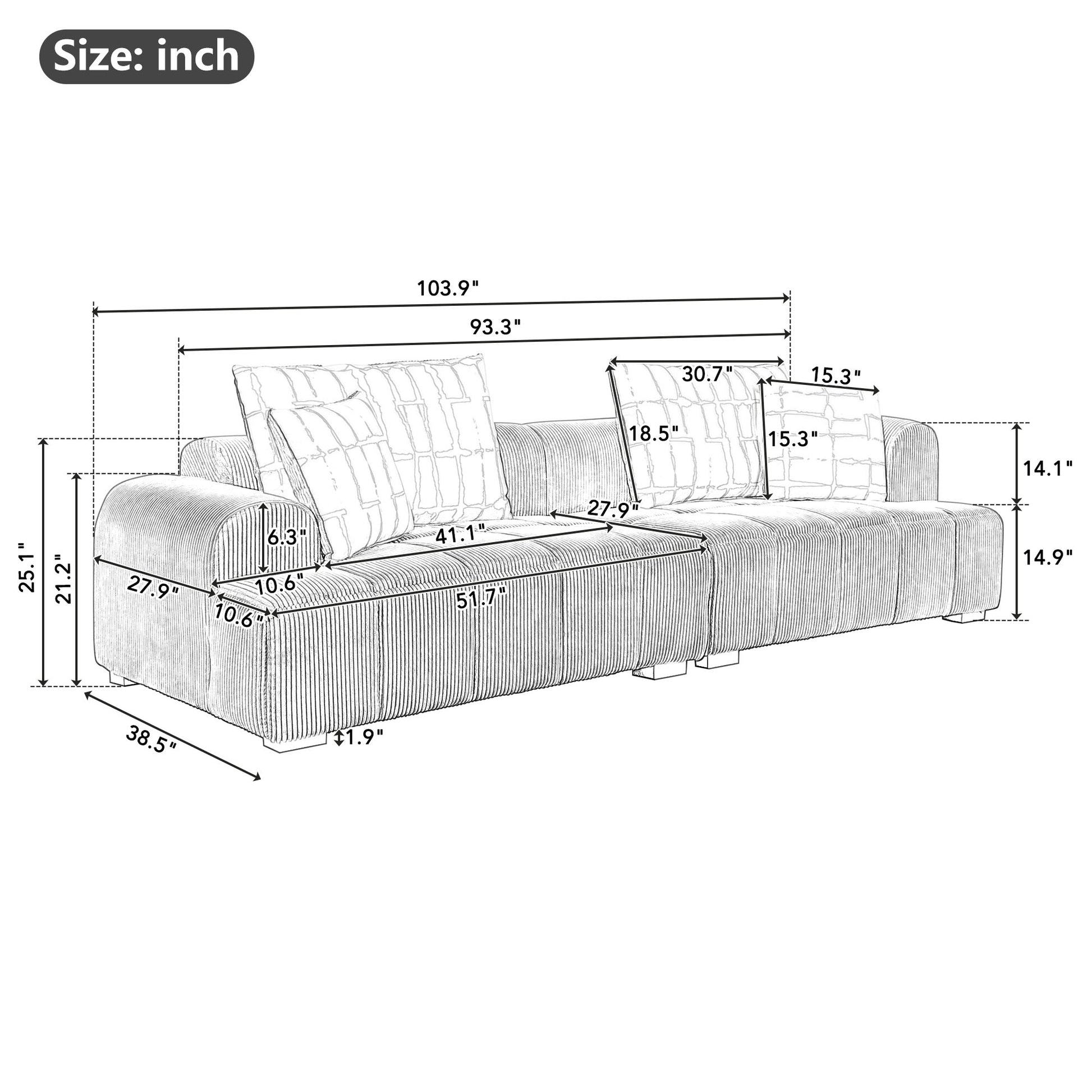 103.9" Modern Couch Corduroy Fabric Comfy Sofa With Rubber Wood Legs, 4 Pillows For Living Room, Bedroom, Office, Green Green Corduroy 2 Seat