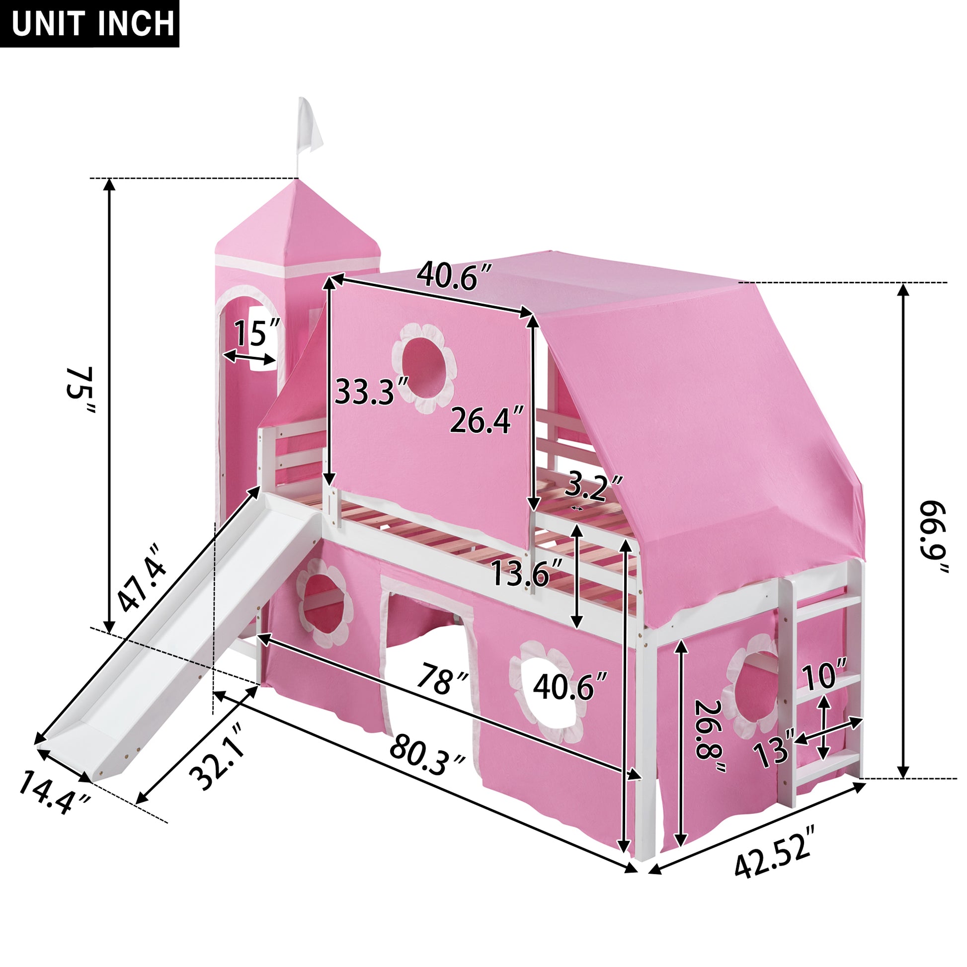 Twin Size Loft Bed With Slide Pink Tent And Tower Pink Twin Pink Solid Wood Mdf