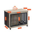 Furniture Style Dog Crate Side Table With Feeding Bowl, Wheels, Three Doors, Flip Up Top Opening. Indoor, Grey, 38.58