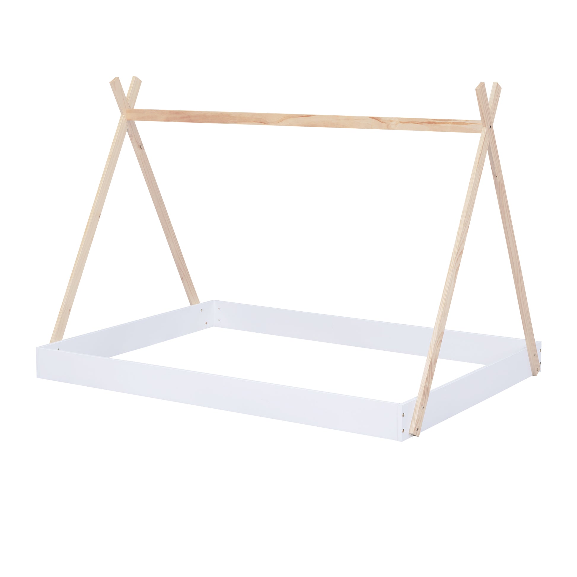 Full Size Tent Floor Bed With Triangle Structure, White Natural Full Box Spring Not Required White Wood Wood