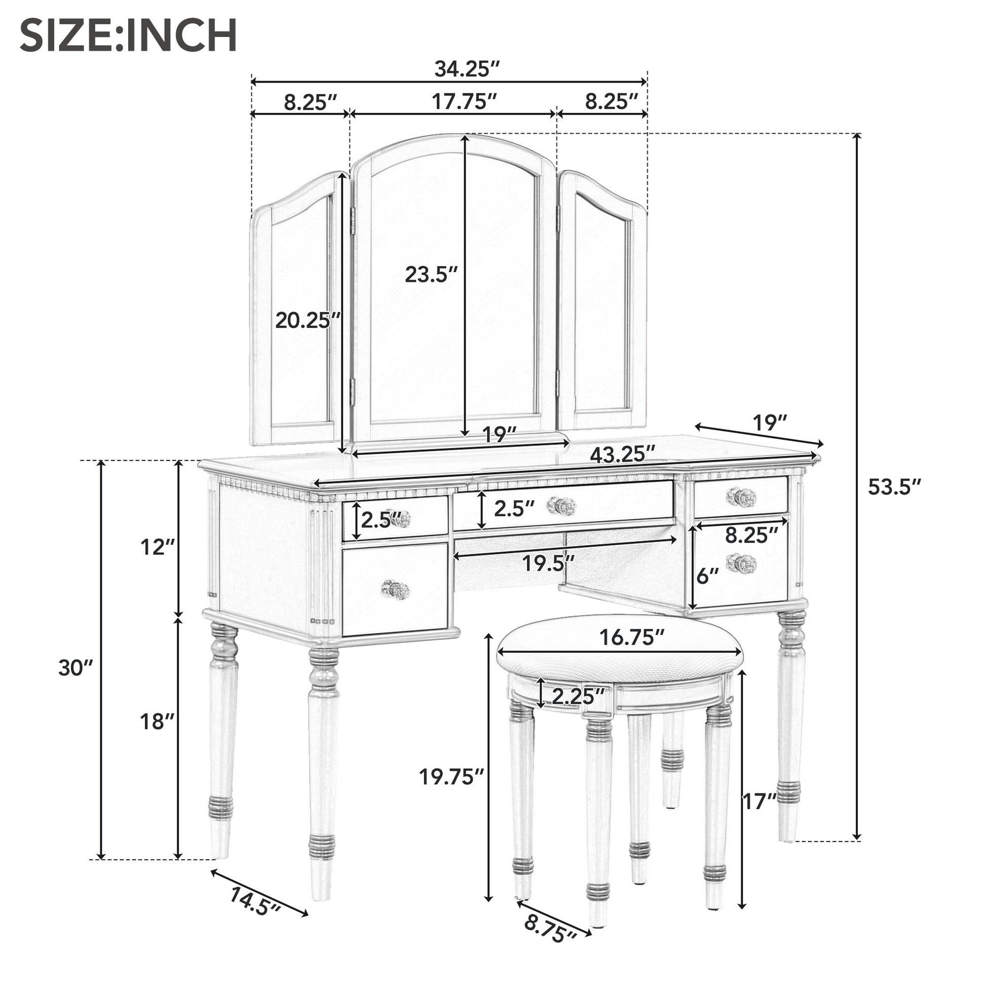 43" Dressing Table Set With Mirrored Drawers And Stool, Tri Fold Mirror, Makeup Vanity Set For Bedroom, Silver Silver Solid Wood Mdf