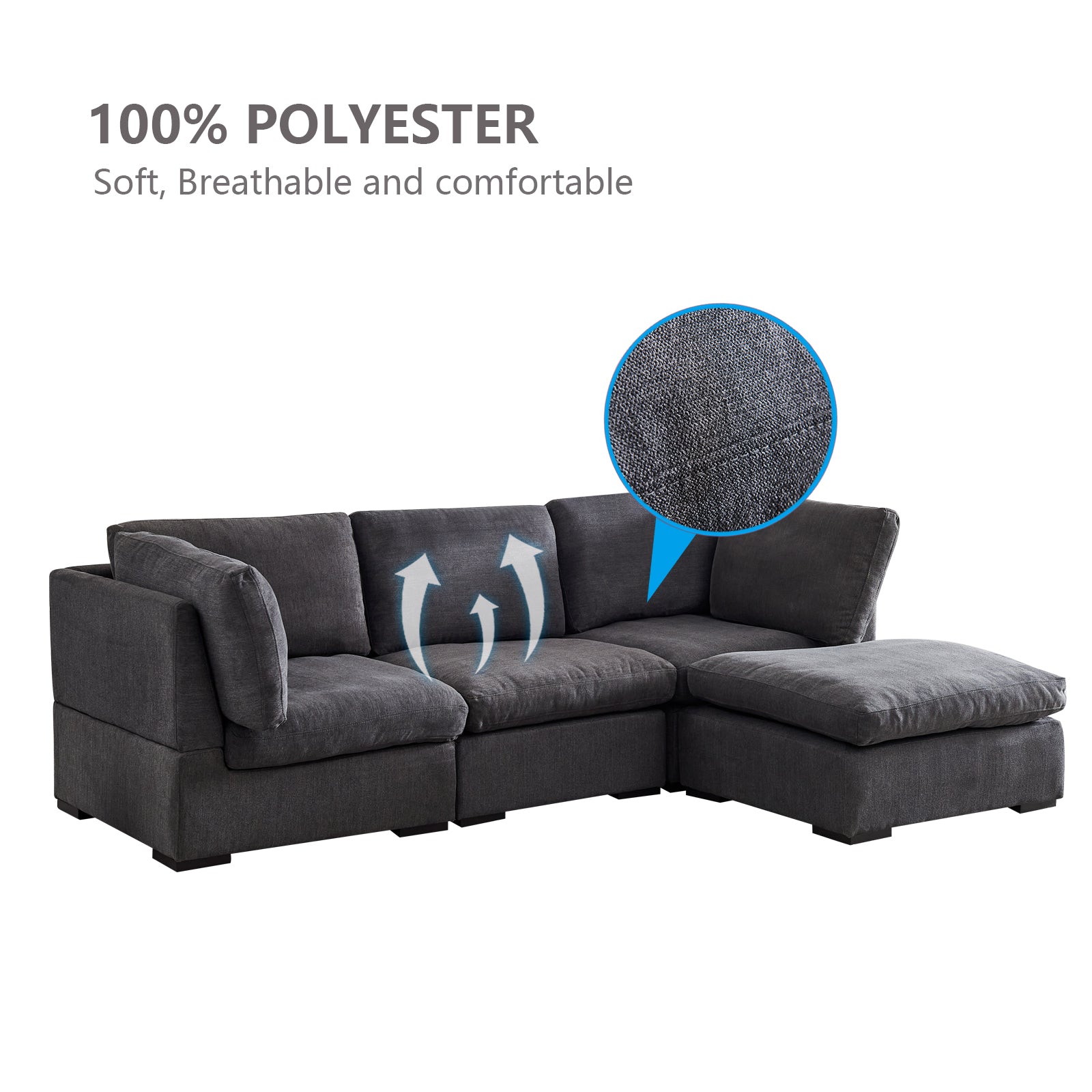 L Shape Modular Soft Fabric Sofa Filled With Down Dark Grey Dark Grey Down Filling Fabric