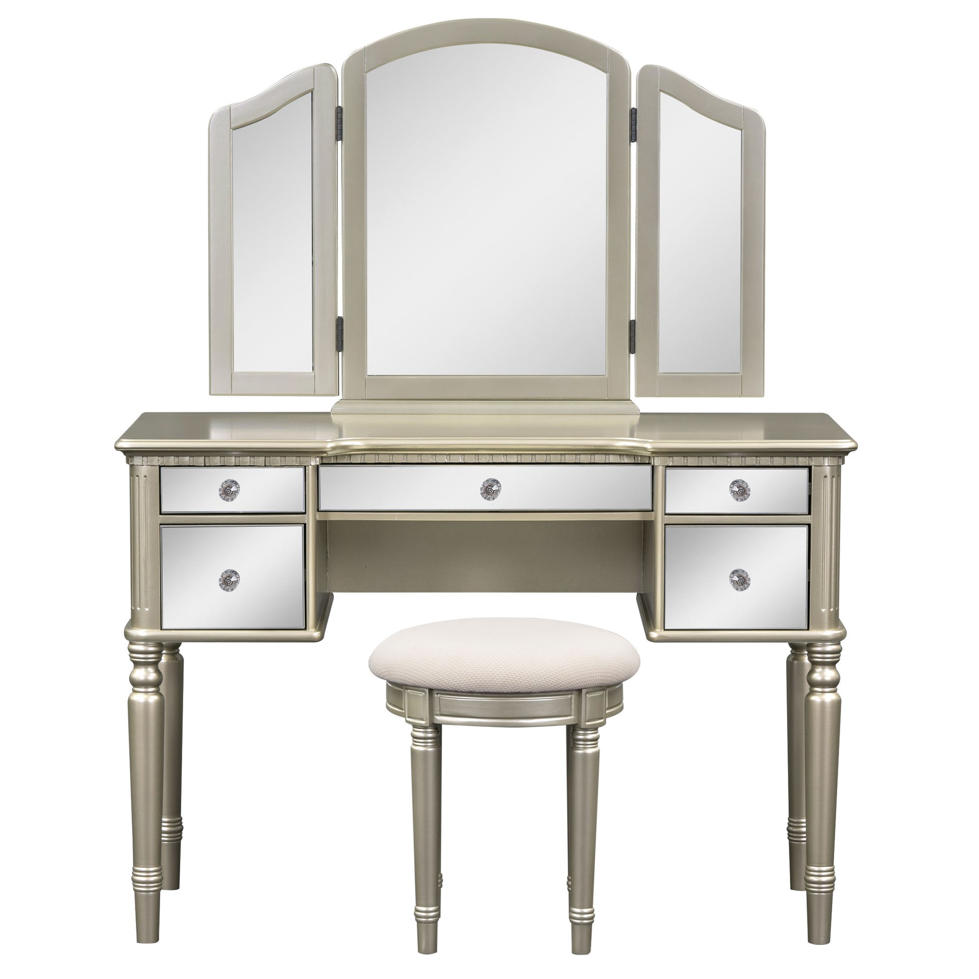 43" Dressing Table Set With Mirrored Drawers And Stool, Tri Fold Mirror, Makeup Vanity Set For Bedroom, Ld Gold Solid Wood Mdf