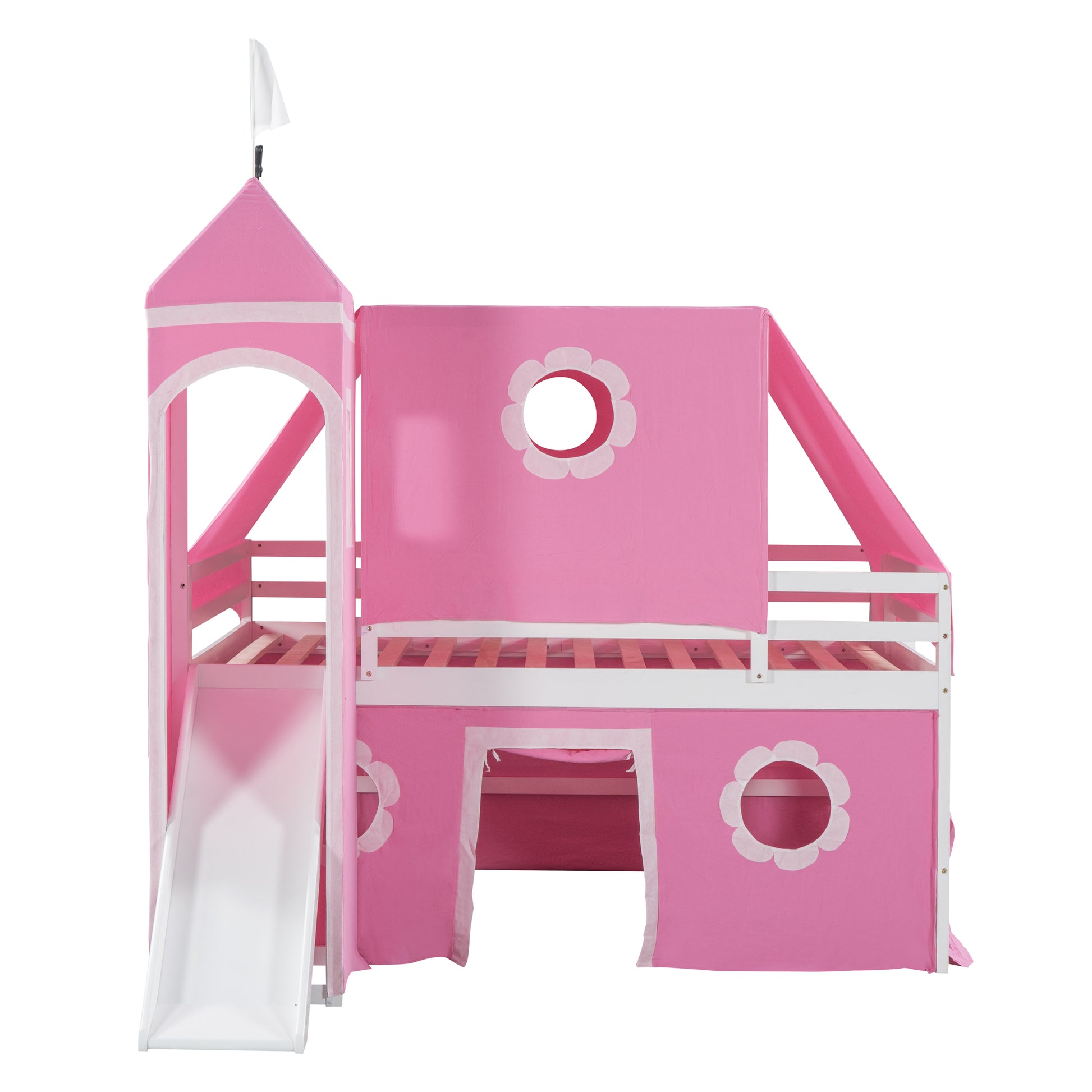 Full Size Loft Bed With Slide Pink Tent And Tower Pink Full Pink Solid Wood Mdf