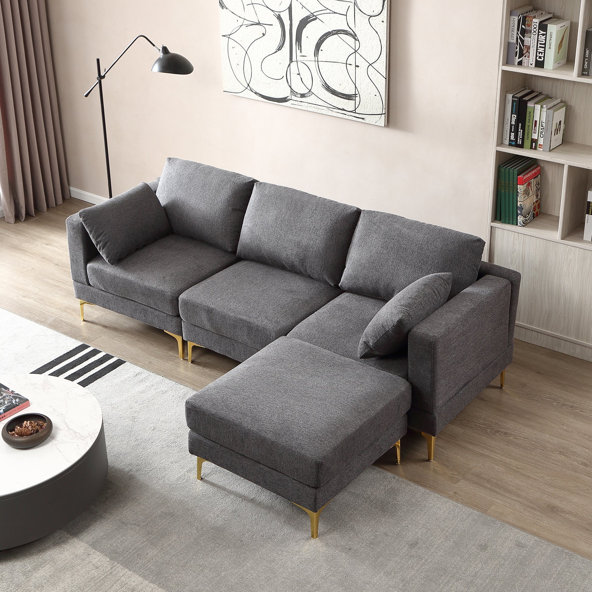 Adf Living Room Furniture Modern Leisure L Shape Couch Dark Grey Fabric Dark Grey Foam Fabric