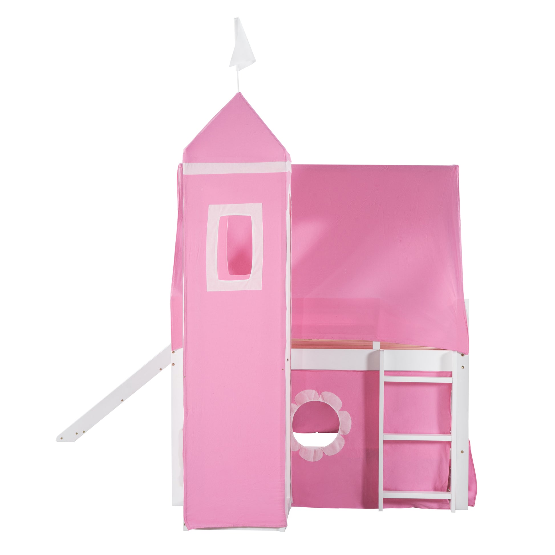 Full Size Loft Bed With Slide Pink Tent And Tower Pink Full Pink Solid Wood Mdf