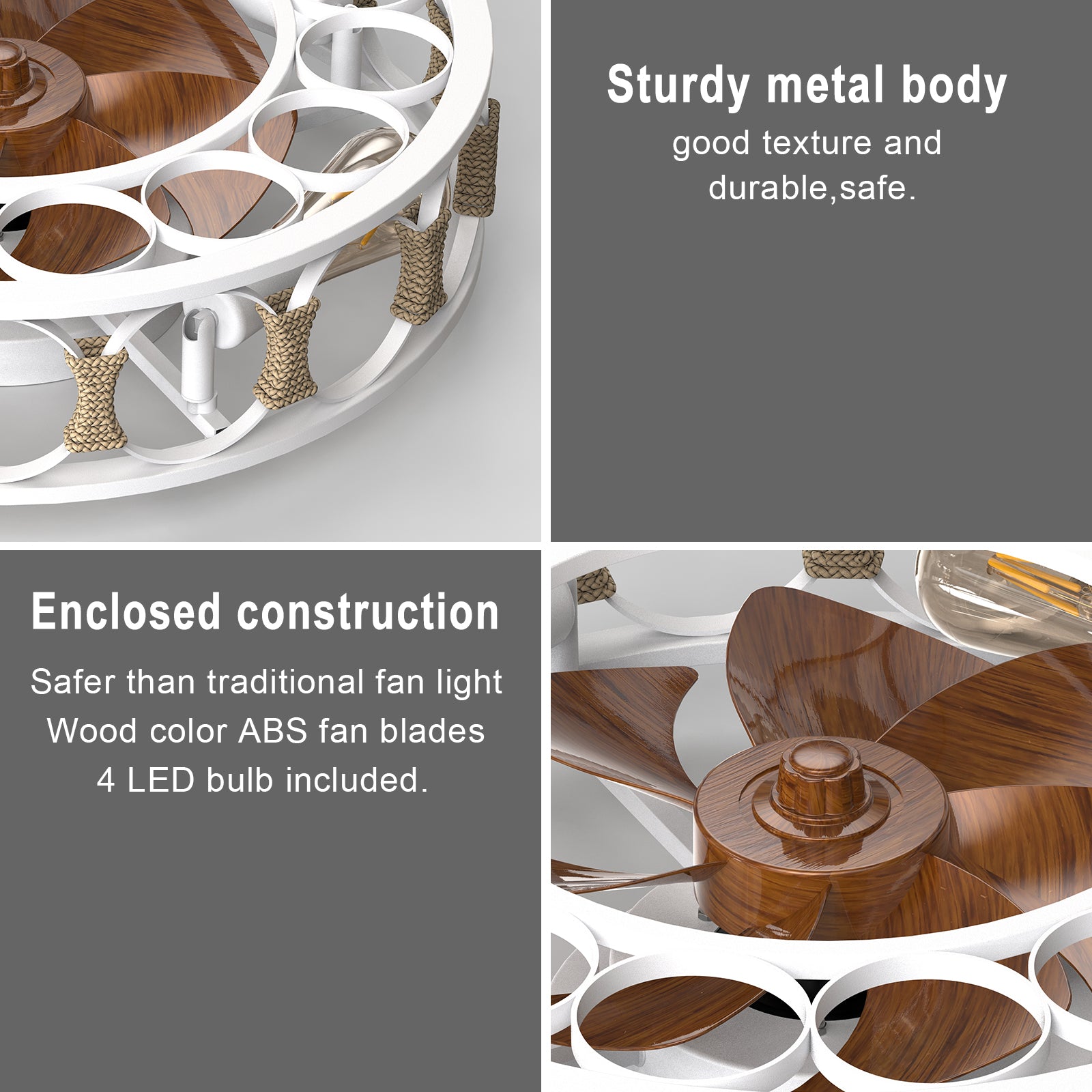 Caged Ceiling Fan With Lights Remote Control,Semi Embedded Modern Ceiling Fans, 6 Speeds Reversible Blades, 4 Led Bulbs Include White White Modern Abs Iron