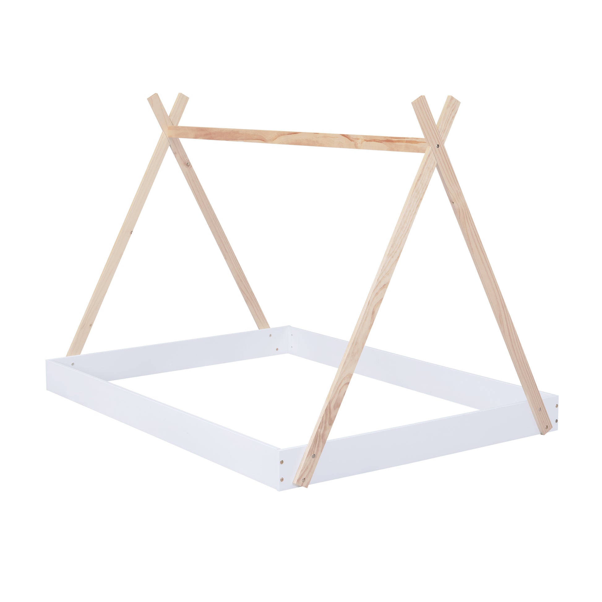 Full Size Tent Floor Bed With Triangle Structure, White Natural Full Box Spring Not Required White Wood Wood