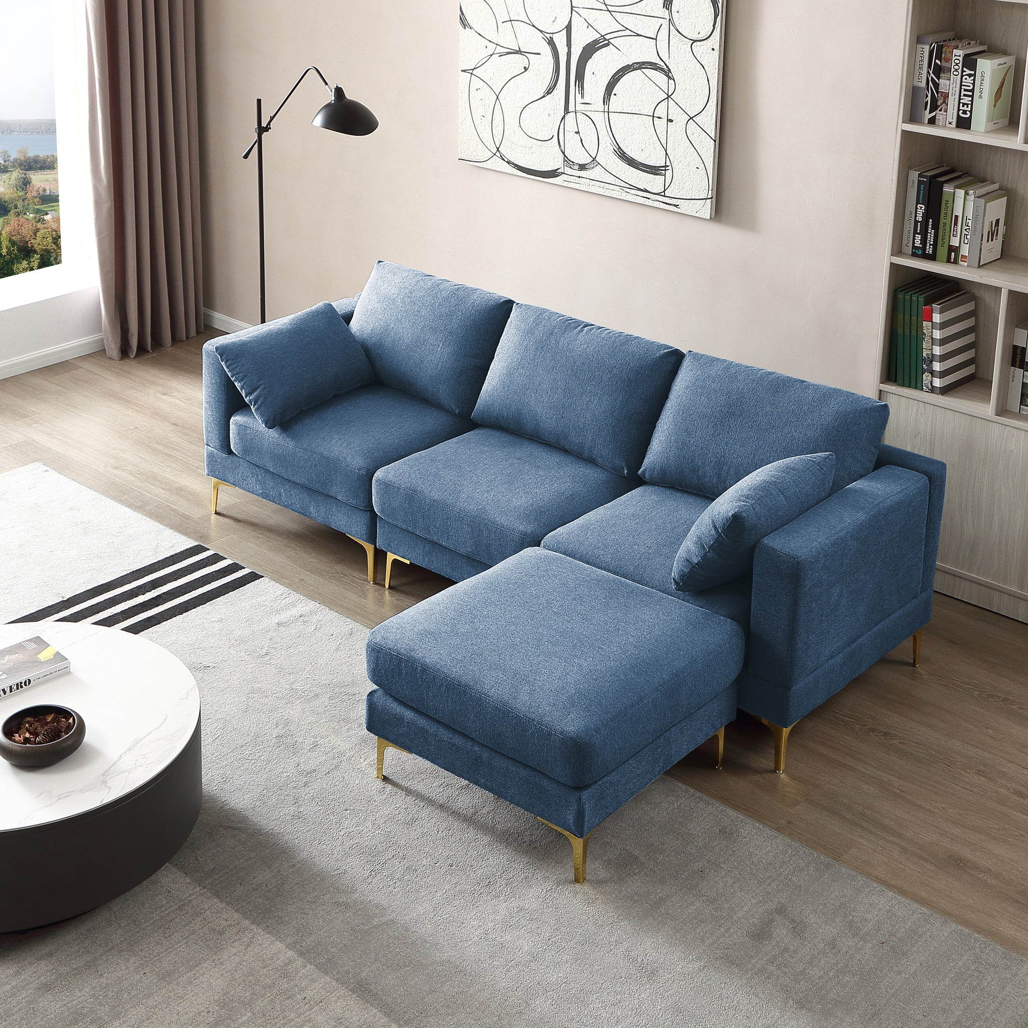 Adf Living Room Furniture Modern Leisure L Shape Couch Blue Fabric Blue Foam Fabric