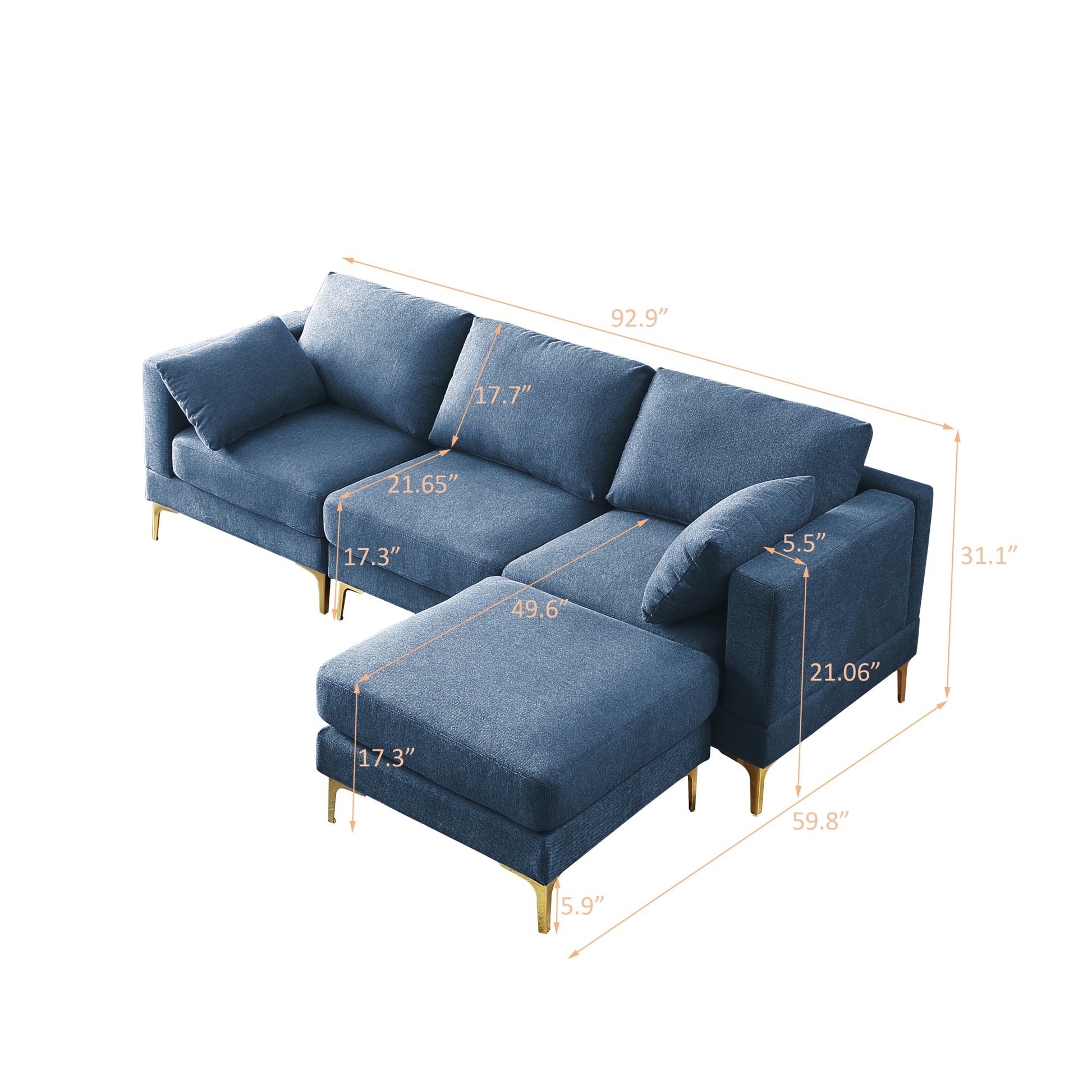 Adf Living Room Furniture Modern Leisure L Shape Couch Blue Fabric Blue Foam Fabric