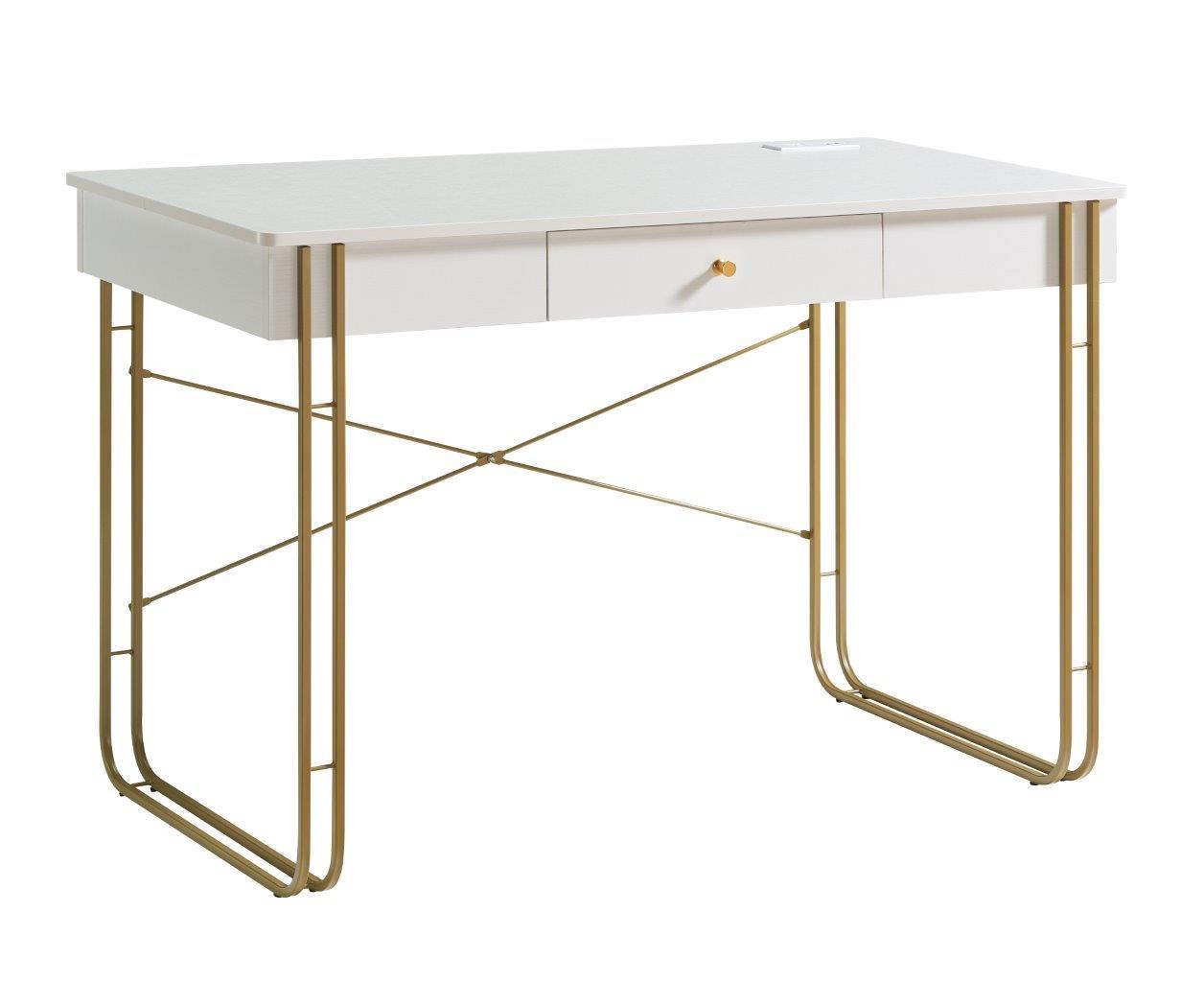 Computer Desk Writing Desk With One Drawer Metal Legs And Usb Outlet Port White & Gold Antique White Particle Board