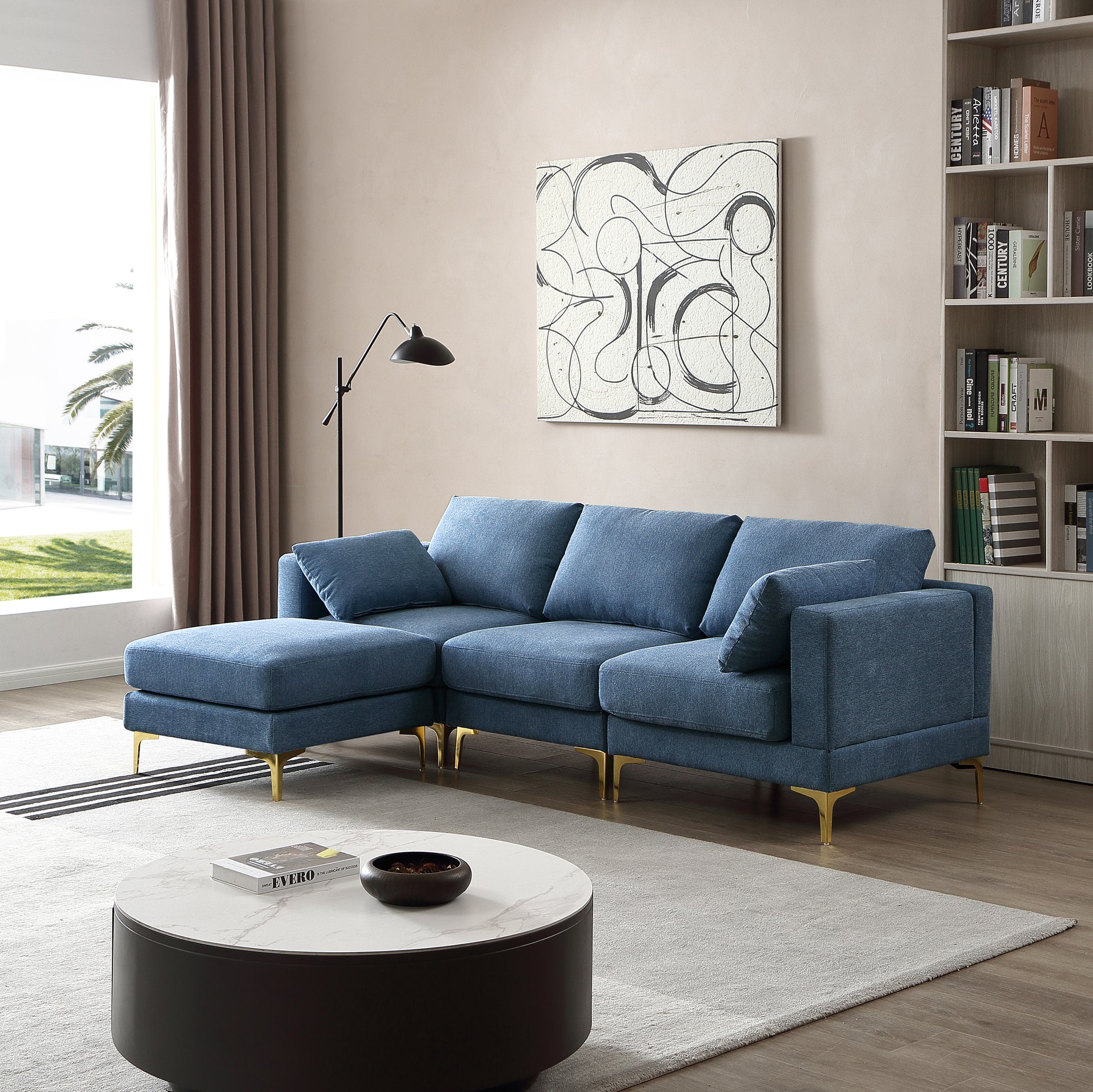 Adf Living Room Furniture Modern Leisure L Shape Couch Blue Fabric Blue Foam Fabric