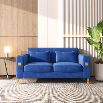 Velvet Loveseat With Pillows And Gold Finish Metal Leg For Living Room Dark Blue Velvet