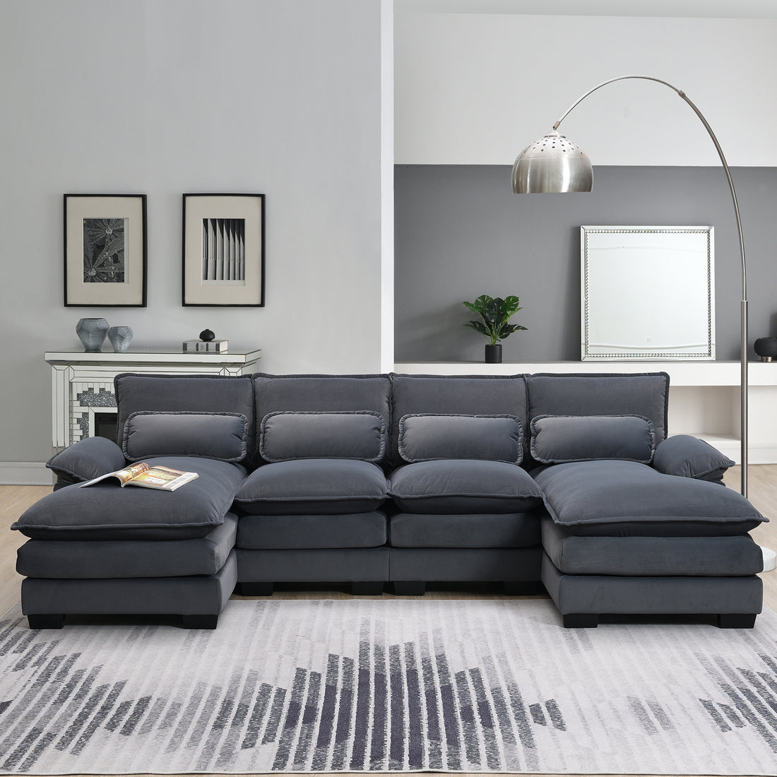 109.8*55.9" Modern U Shaped Sectional Sofa With Waist Pillows,6 Seat Upholstered Symmetrical Sofa Furniture,Sleeper Sofa Couch With Chaise Lounge For Living Room,Apartment,5 Color Gray Velvet 6 Seat