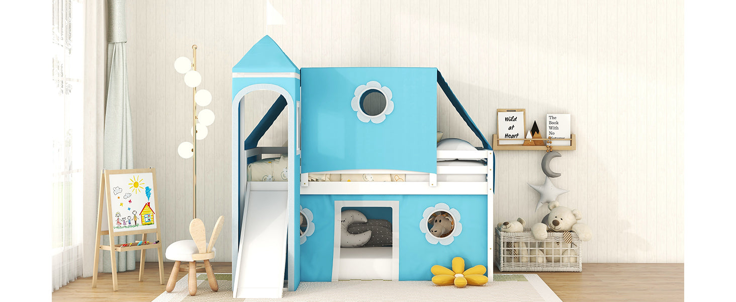 Twin Size Loft Bed With Slide Blue Tent And Tower Blue Twin Blue Solid Wood Mdf