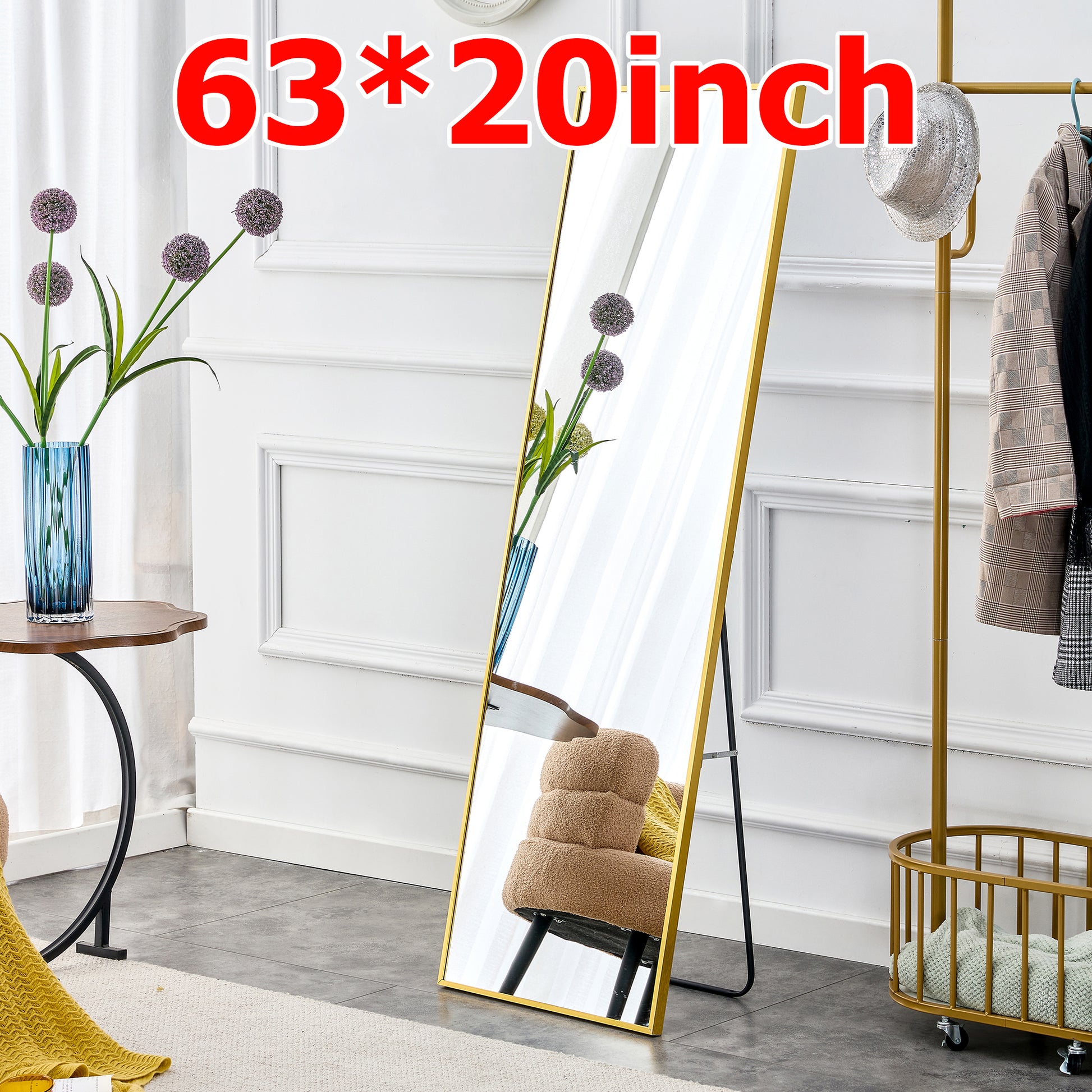 Aluminum Alloy Metal Frame Wall Mounted Full Length Mirror, Bathroom Vanity Mirror, Bedroom Home Porch, Decorative Mirror, Clothing Mirror, Floor To Ceiling Large Mirror. Gold 63"*20" W115158166 Gold Glass