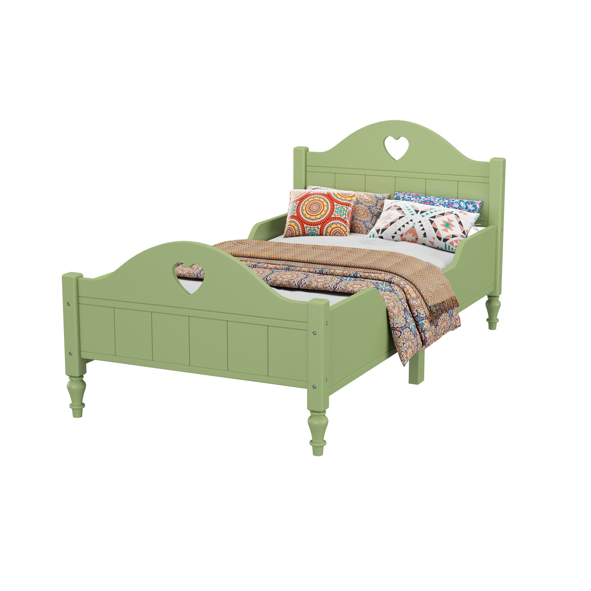 Girl'S Beautiful Princess Bed Macaron Twin Size Toddler Bed With Side Safety Rails And Headboard And Footboard, Oliver Green Olive Green Solid Wood Mdf