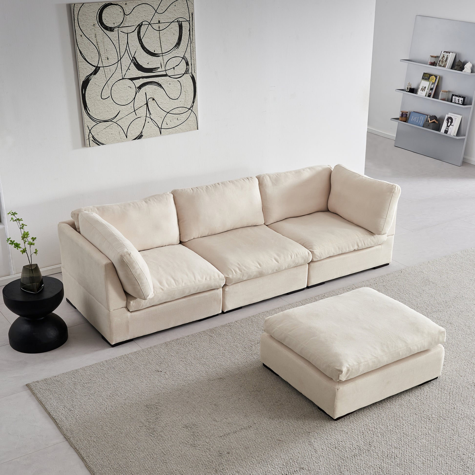 L Shape Modular Soft Fabric Sofa Filled With Down Beige Beige Down Filling Fabric