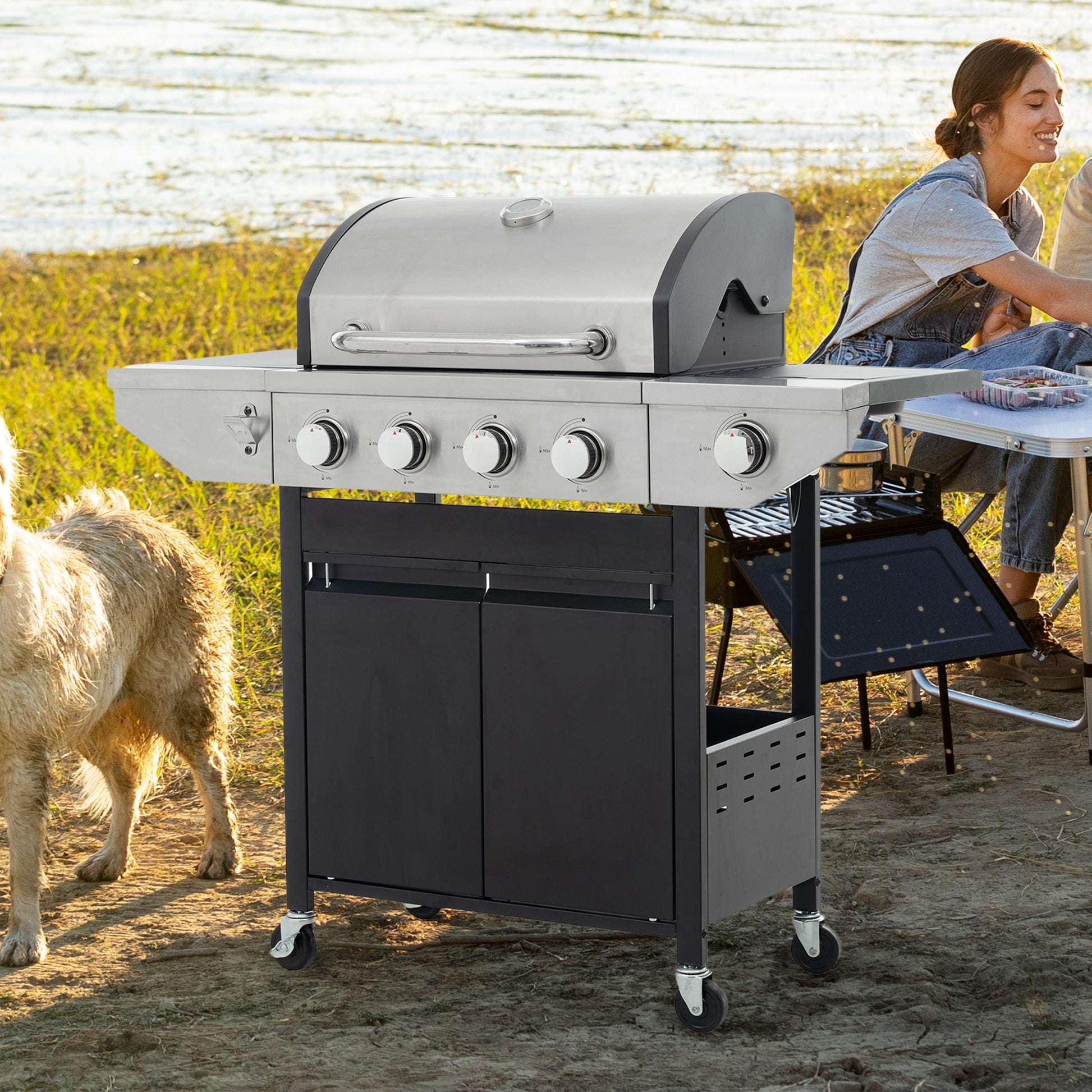 Propane Grill 4 Burner Barbecue Grill Stainless Steel Gas Grill With Side Burner, 46,500 Btu Outdoor Cooking, Patio, Garden Barbecue Grill, Black And Silver Silver Stainless Steel