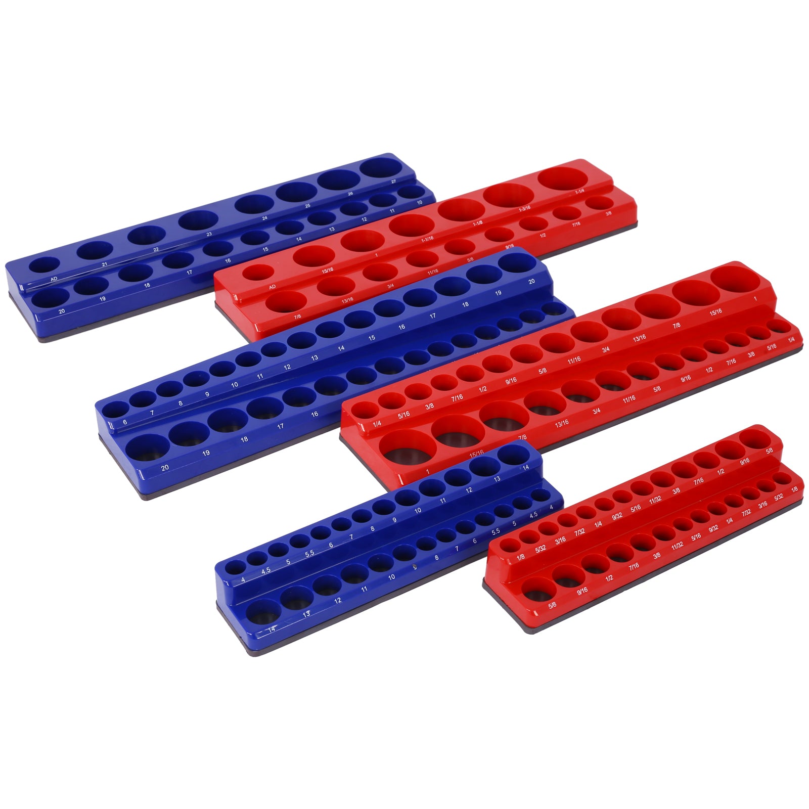 Magnetic Socket Organizer Set, 6 Piece Socket Holder Set Includes 1 4", 3 8", 1 2" Drive Metric Sae Socket Trays, Holds 141 Pieces Standard Size And Deep Size Sockets Socket Not Included ,Red And Blue Red Plastic