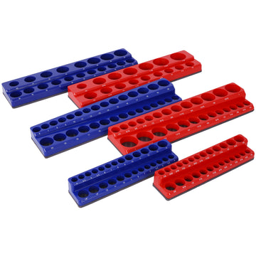 Magnetic Socket Organizer Set, 6 Piece Socket Holder Set Includes 1 4", 3 8", 1 2" Drive Metric Sae Socket Trays, Holds 141 Pieces Standard Size And Deep Size Sockets Socket Not Included ,Red And Blue Red Plastic