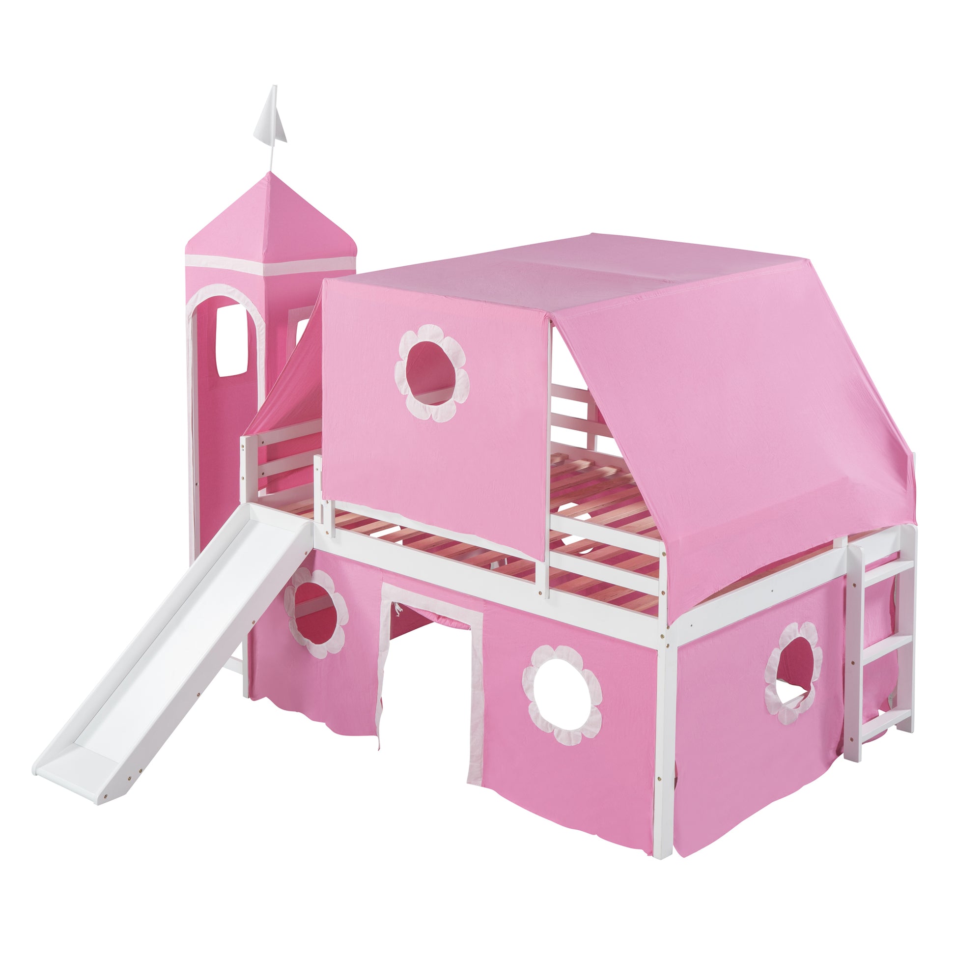 Full Size Loft Bed With Slide Pink Tent And Tower Pink Full Pink Solid Wood Mdf