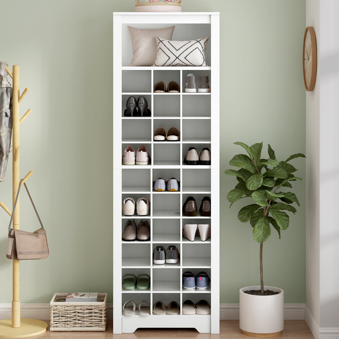 Stylish Design 30 Shoe Cubby Console, Contemporary Shoe Cabinet With Multiple Storage Capacity, Free Standing Tall Cabinet With Versatile Use For Hallway, Bedroom, White Filing Cabinets White Primary Living Space Particle Board