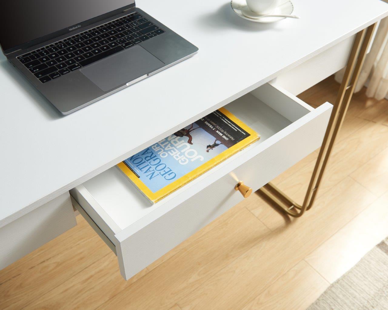 Computer Desk Writing Desk With One Drawer Metal Legs And Usb Outlet Port White & Gold Antique White Particle Board