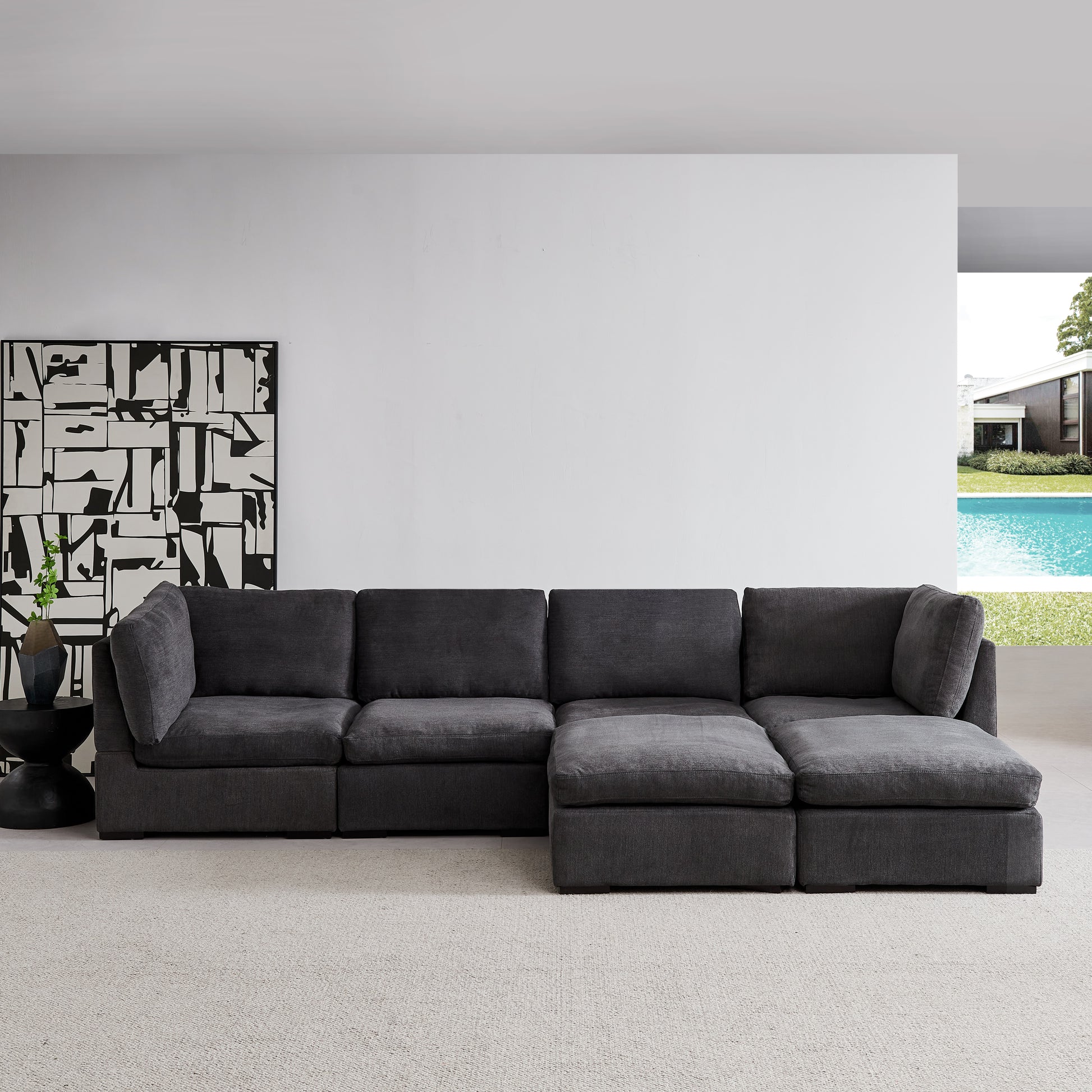 Modular Sofa With Ottoman,Filled With Down ,Soft Linen Fabric,Dark Grey Dark Grey Down Filling Fabric