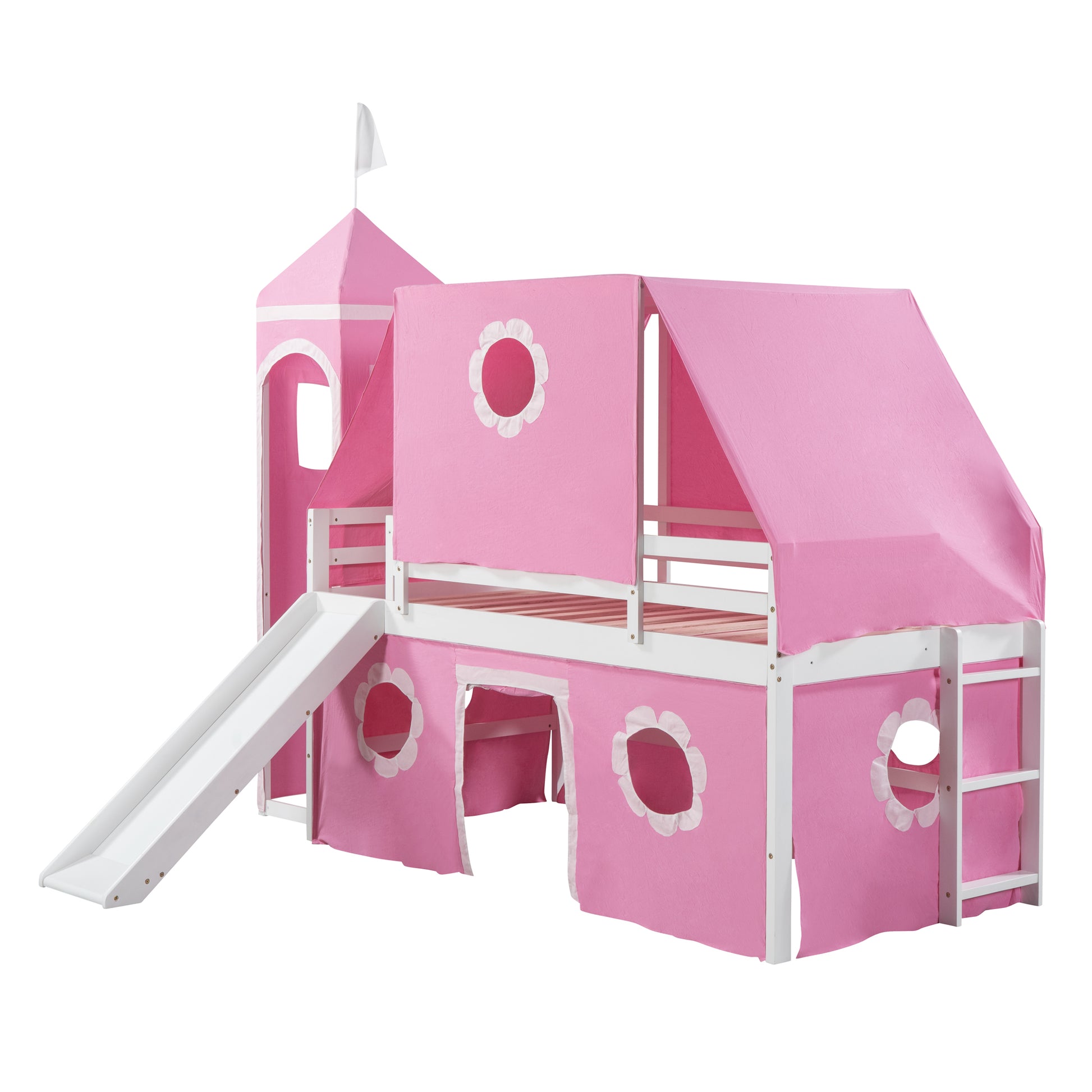 Twin Size Loft Bed With Slide Pink Tent And Tower Pink Twin Pink Solid Wood Mdf