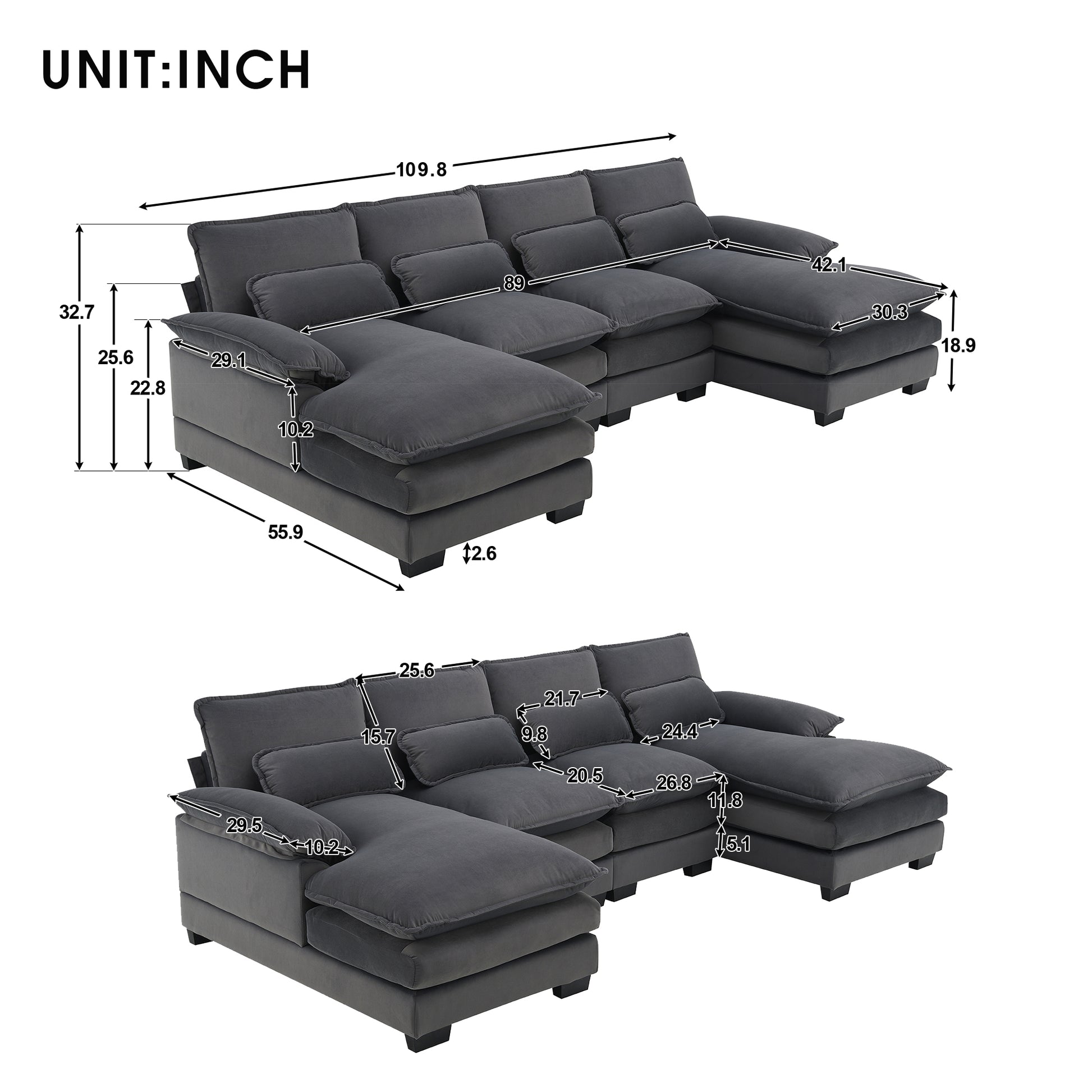 109.8*55.9" Modern U Shaped Sectional Sofa With Waist Pillows,6 Seat Upholstered Symmetrical Sofa Furniture,Sleeper Sofa Couch With Chaise Lounge For Living Room,Apartment,5 Color Gray Velvet 6 Seat