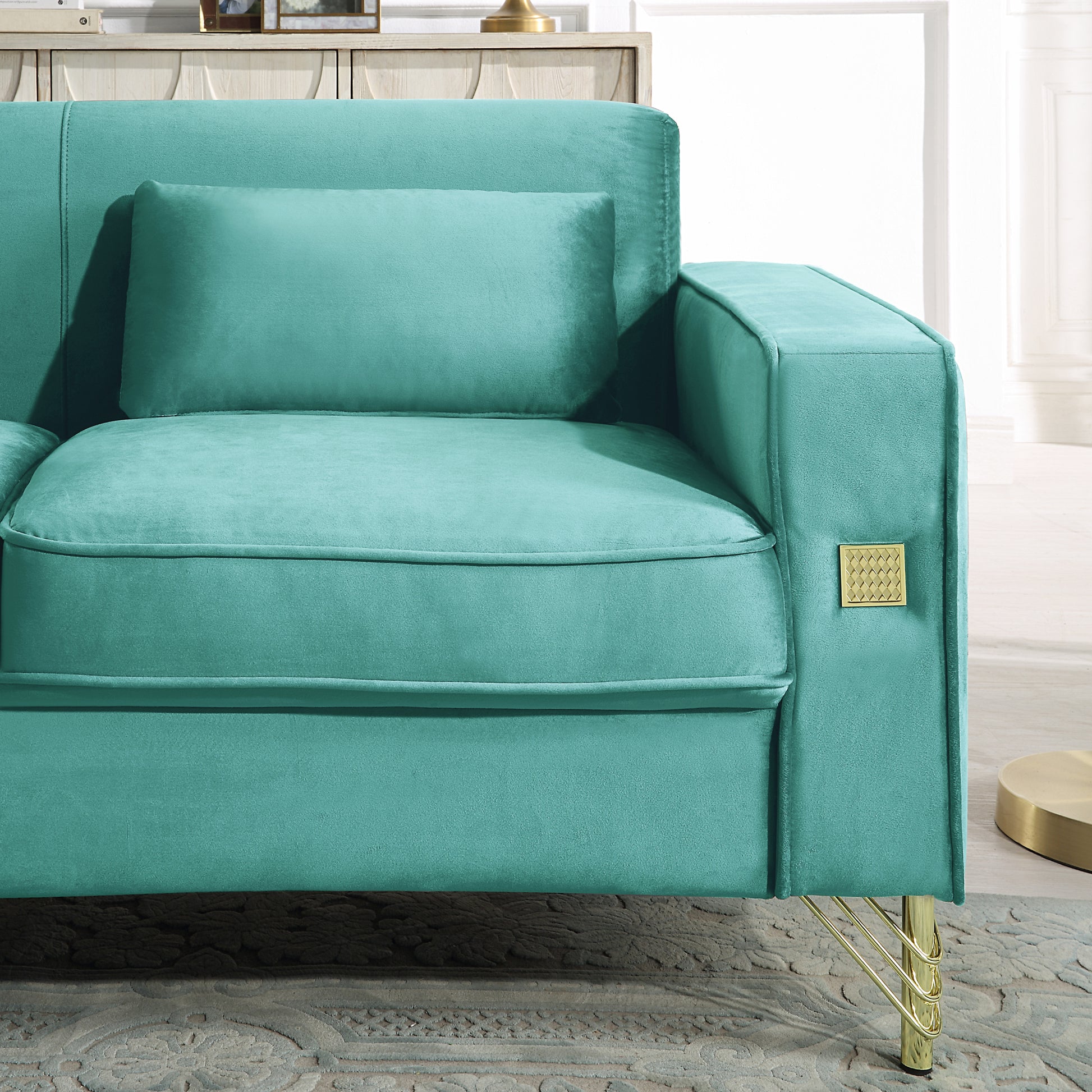 Velvet Loveseat With Pillows And Gold Finish Metal Leg For Living Room Blue Velvet