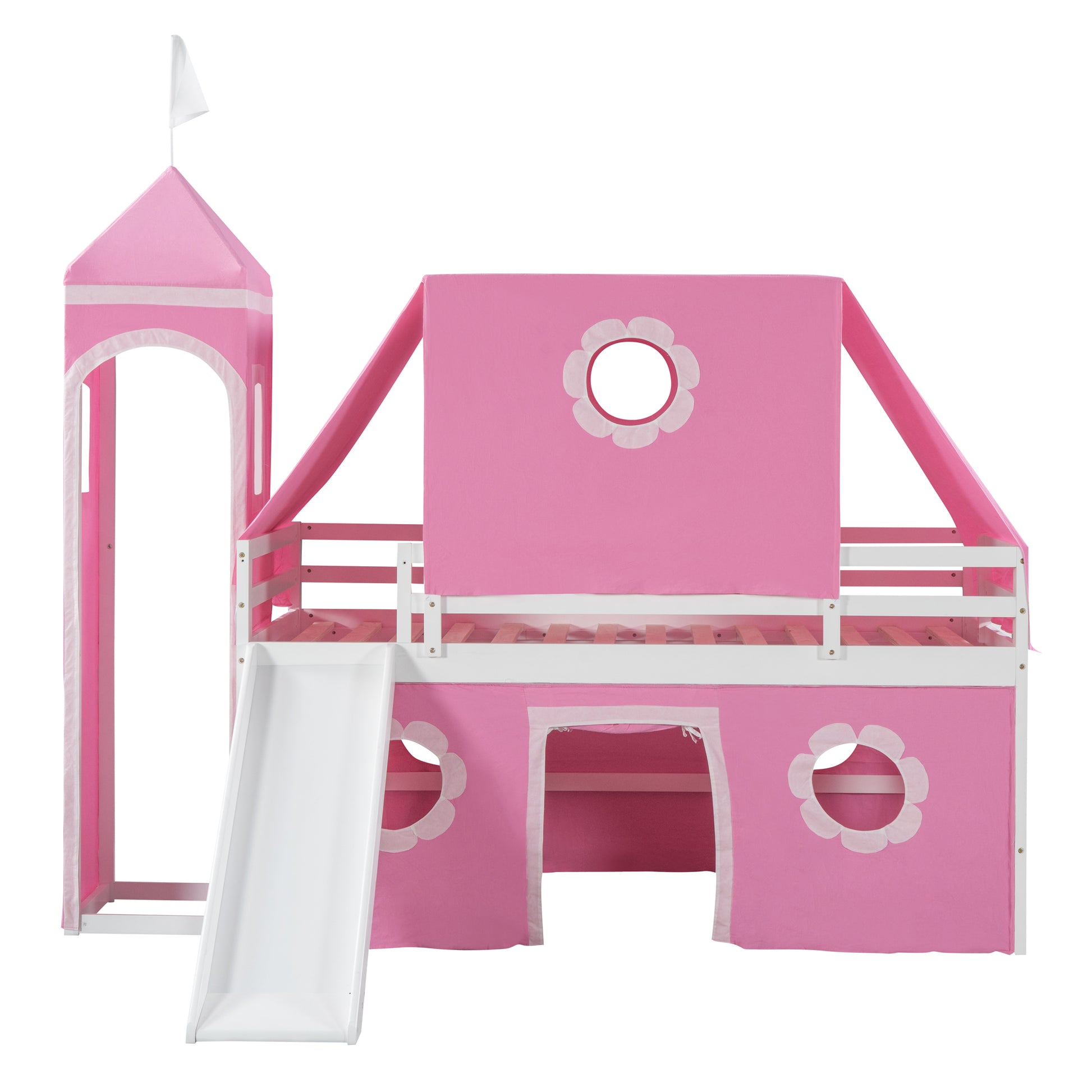 Twin Size Loft Bed With Slide Pink Tent And Tower Pink Twin Pink Solid Wood Mdf