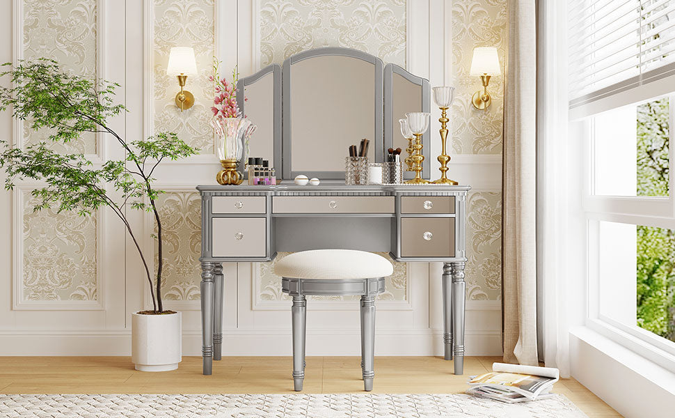 43" Dressing Table Set With Mirrored Drawers And Stool, Tri Fold Mirror, Makeup Vanity Set For Bedroom, Silver Silver Solid Wood Mdf