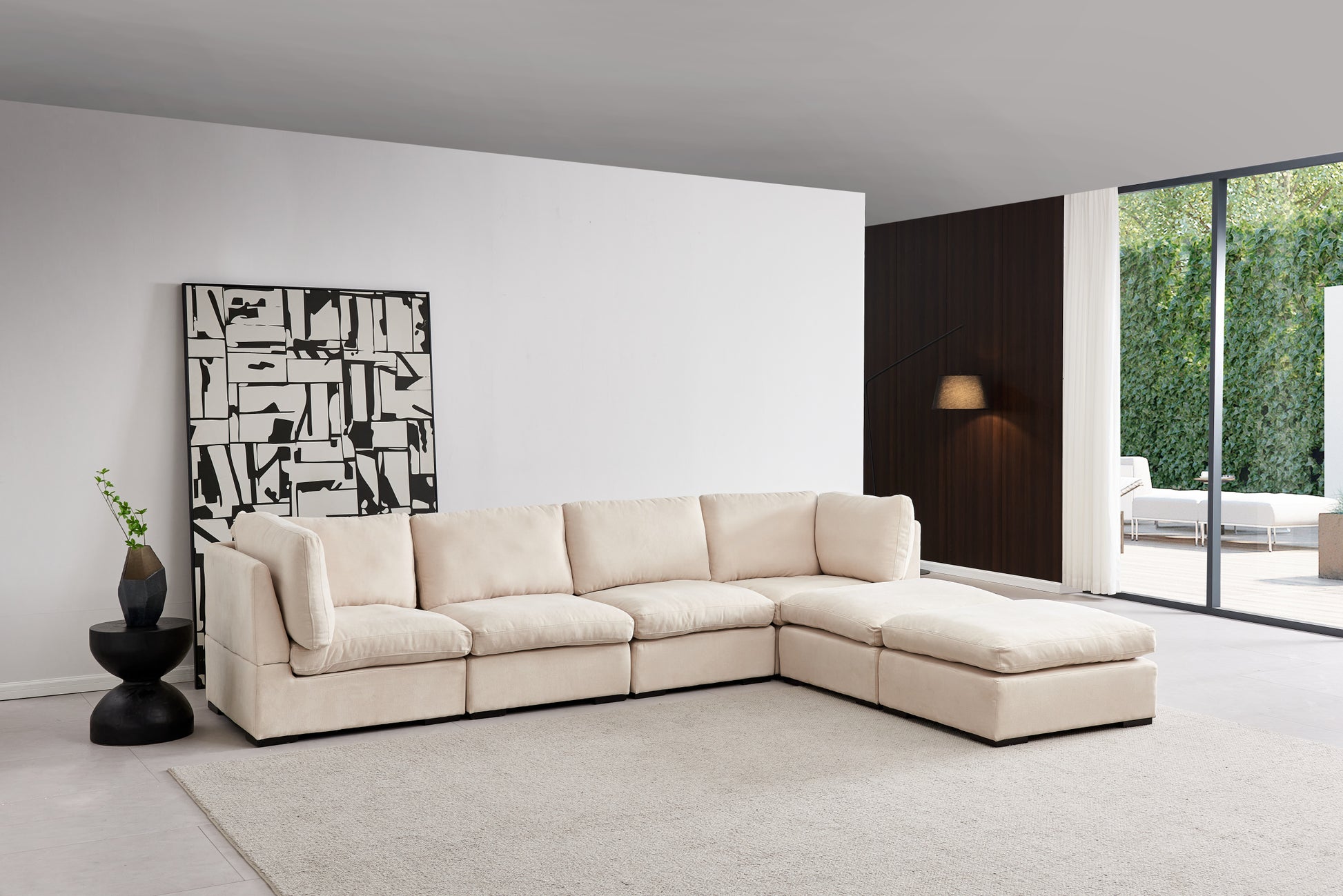 Modular Sofa With Ottoman,Filled With Down ,Soft Linen Fabric,Beige Beige Down Filling Fabric