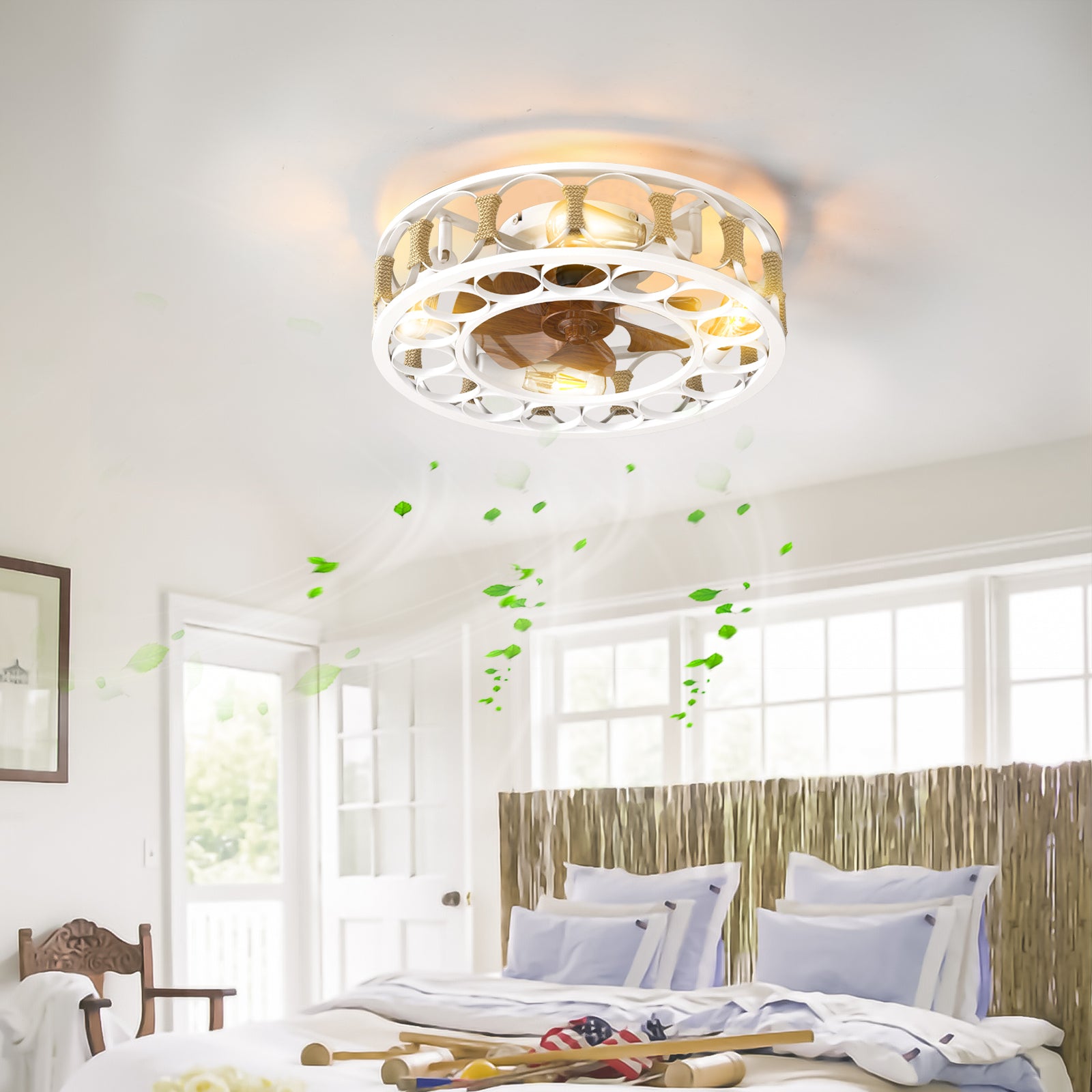 Caged Ceiling Fan With Lights Remote Control,Semi Embedded Modern Ceiling Fans, 6 Speeds Reversible Blades, 4 Led Bulbs Include White White Modern Abs Iron