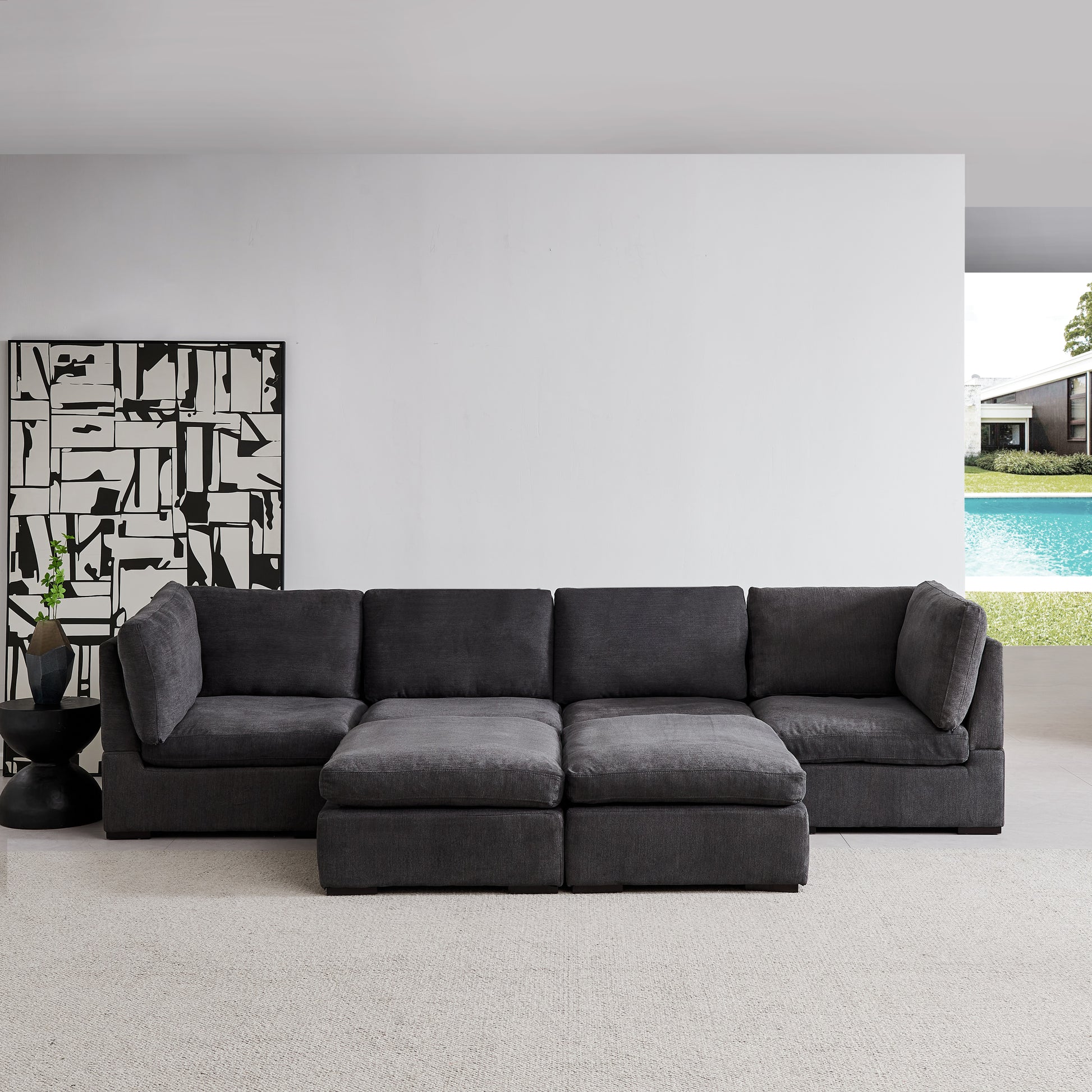 Modular Sofa With Ottoman,Filled With Down ,Soft Linen Fabric,Dark Grey Dark Grey Down Filling Fabric