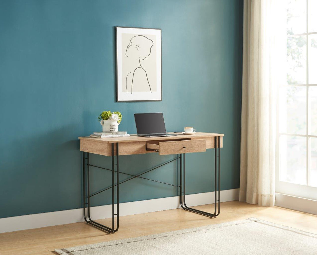 Computer Desk Writing Desk With One Drawer Metal Legs And Usb Outlet Port Light Brown & Black Antique White Particle Board