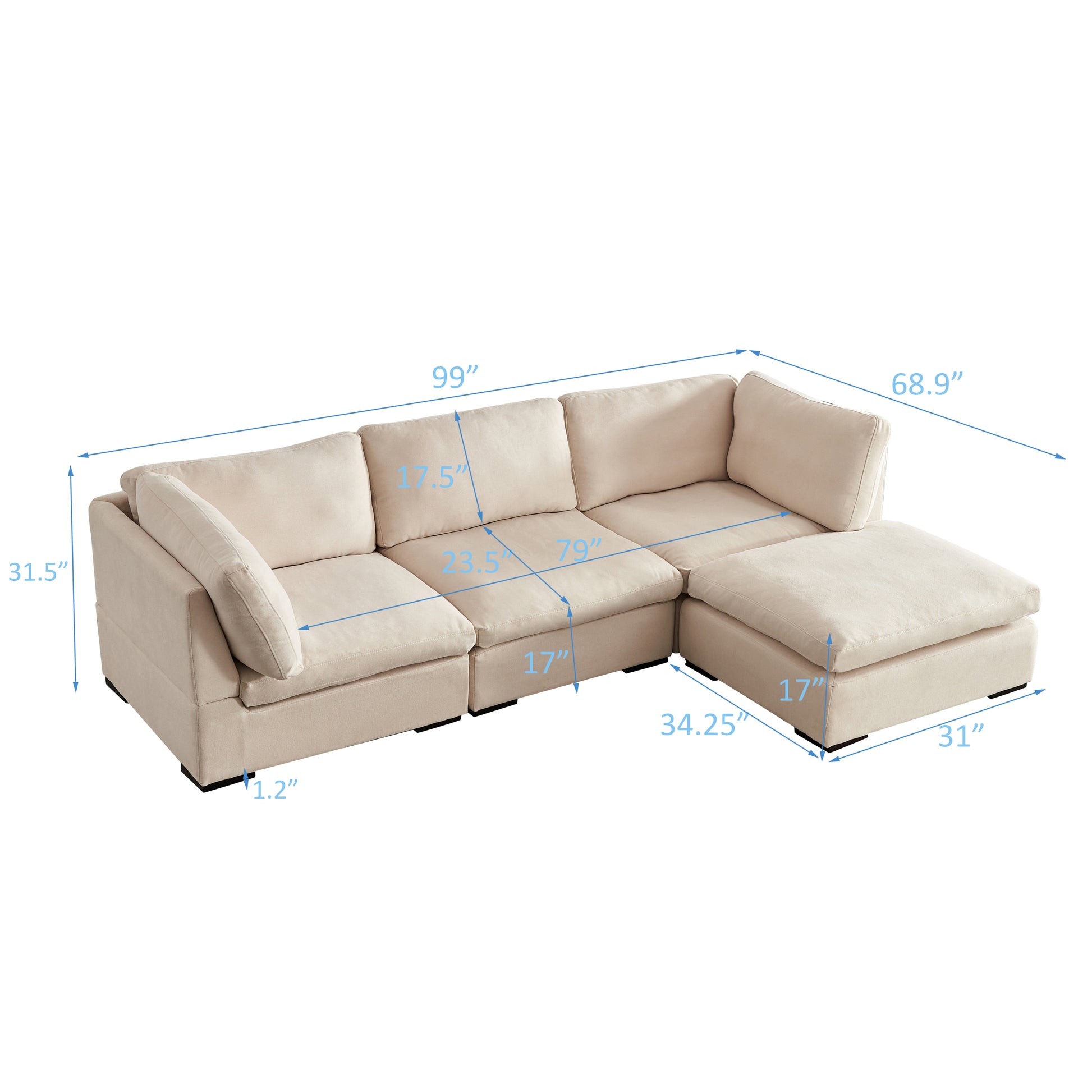 L Shape Modular Soft Fabric Sofa Filled With Down Beige Beige Down Filling Fabric