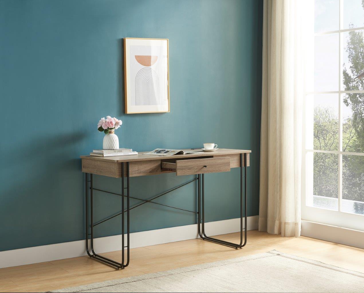 Computer Desk Writing Desk With One Drawer Metal Legs And Usb Outlet Port Brown & Black Metal Black Taupe Particle Board